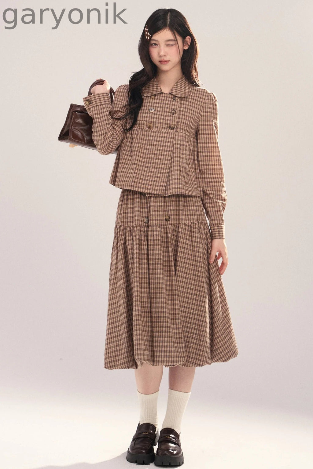 Long-Sleeved Plaid Shirt and Skirt Set-Up