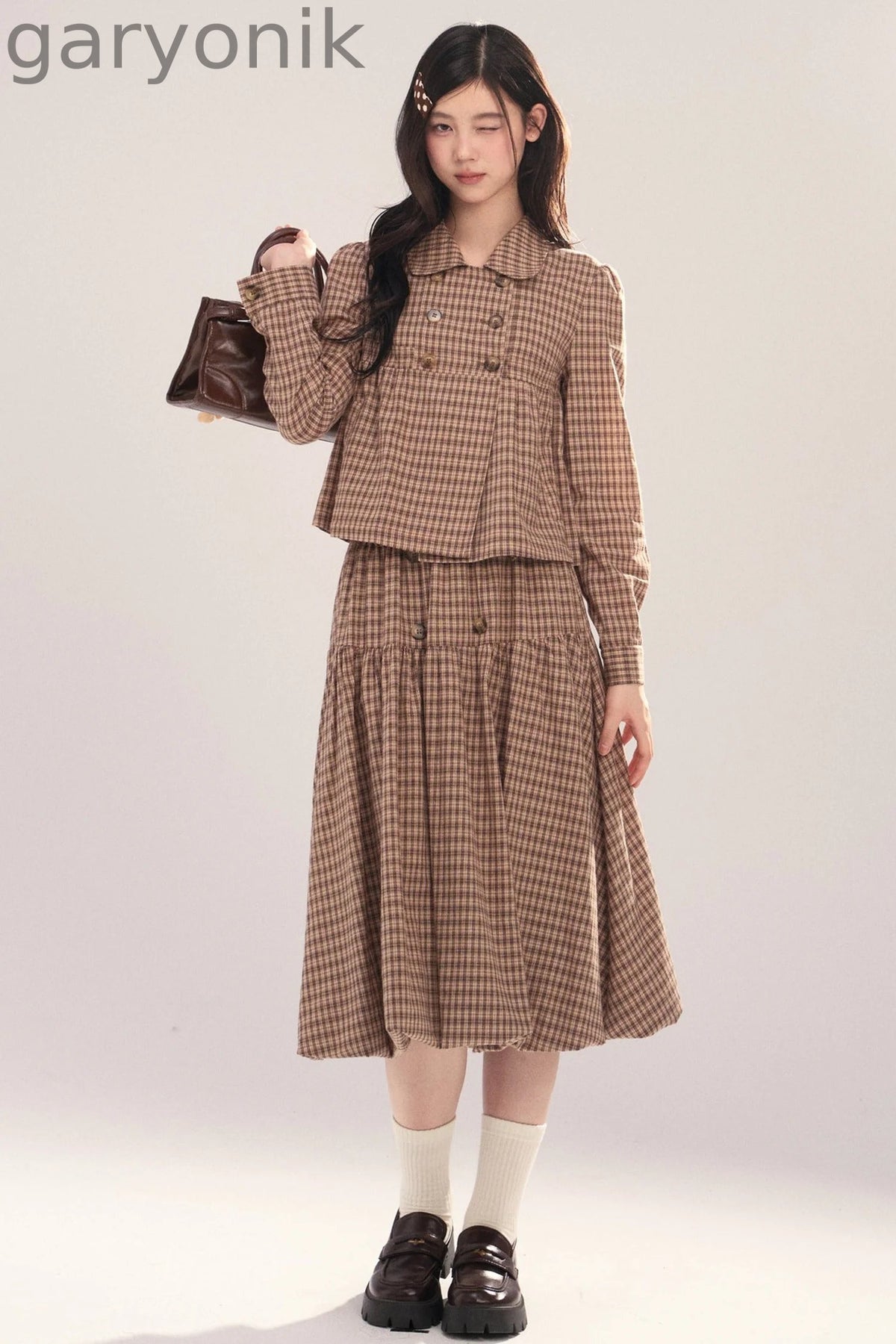 Long-Sleeved Plaid Shirt and Skirt Set-Up