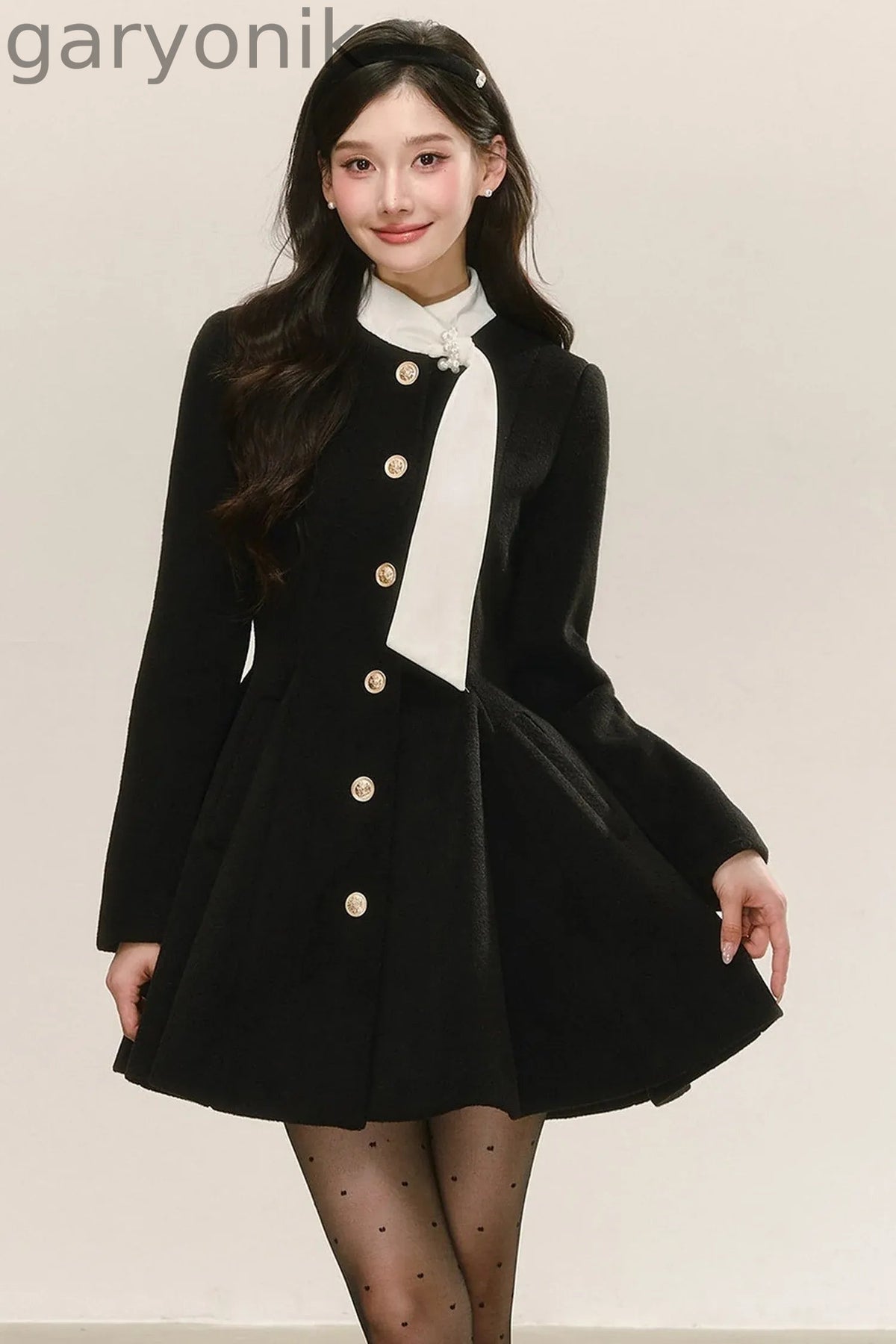 Black Woolen Puffy Coat Dress