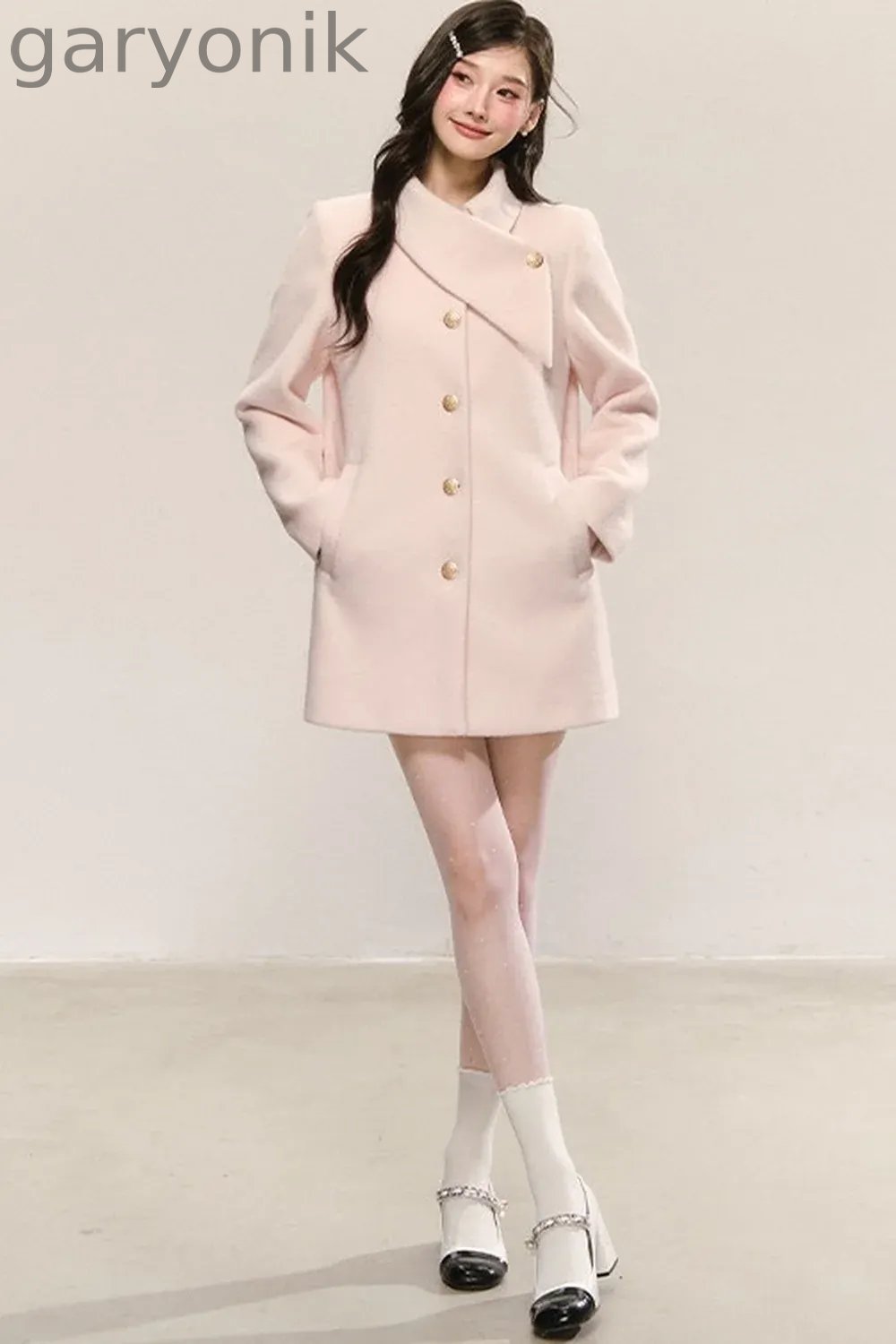 Pink Diagonal Collar Woolen Coat