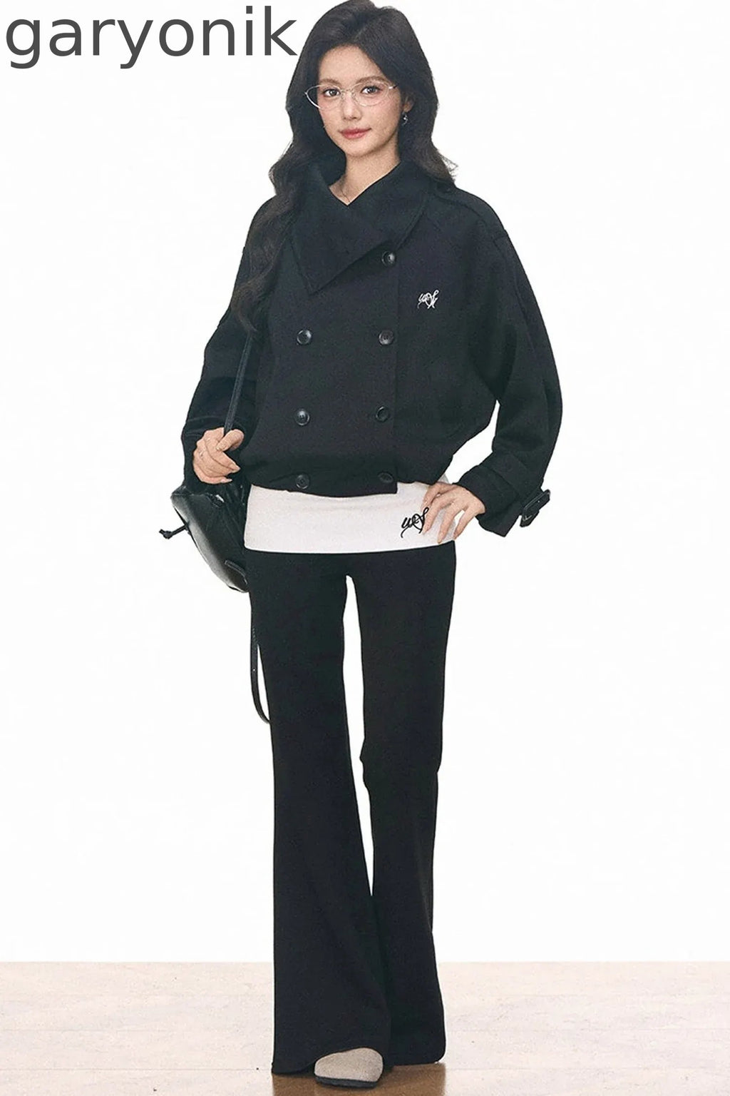 Double-Breasted Knitted Short Trench Coat and Pants Set-Up