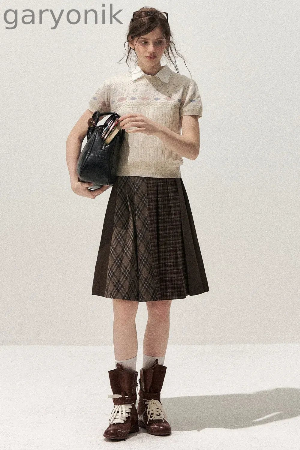 Retro Fair Isle Argyle Short-Sleeve Knit Sweater and Skirt Set-Up