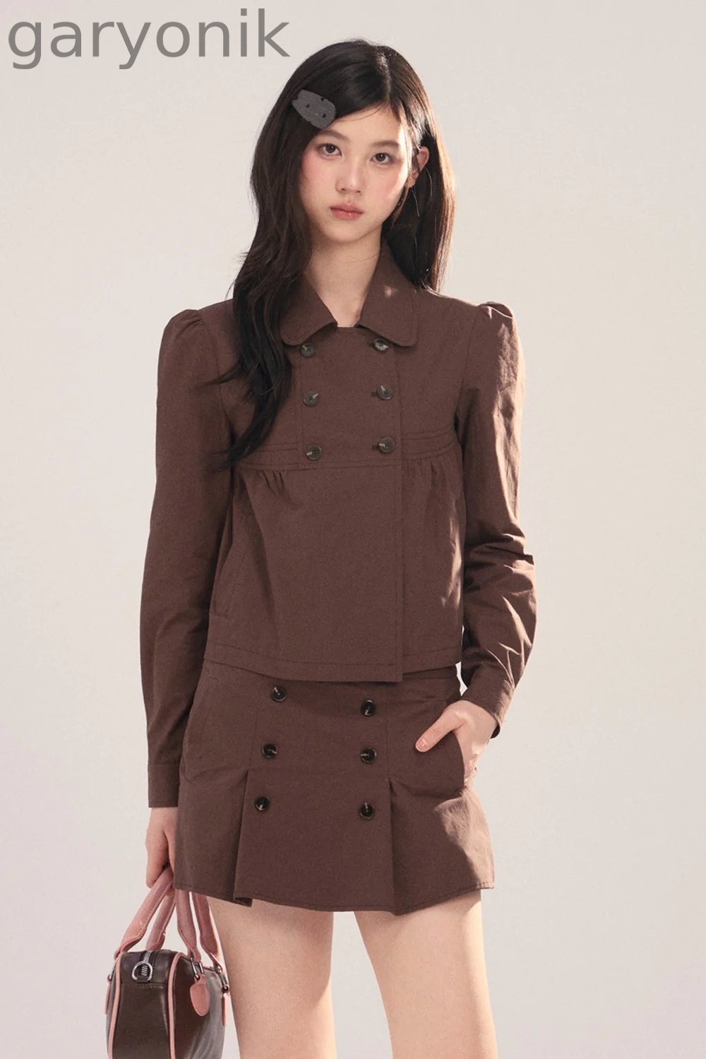 Long-Sleeved Plaid Shirt and Skirt Set-Up