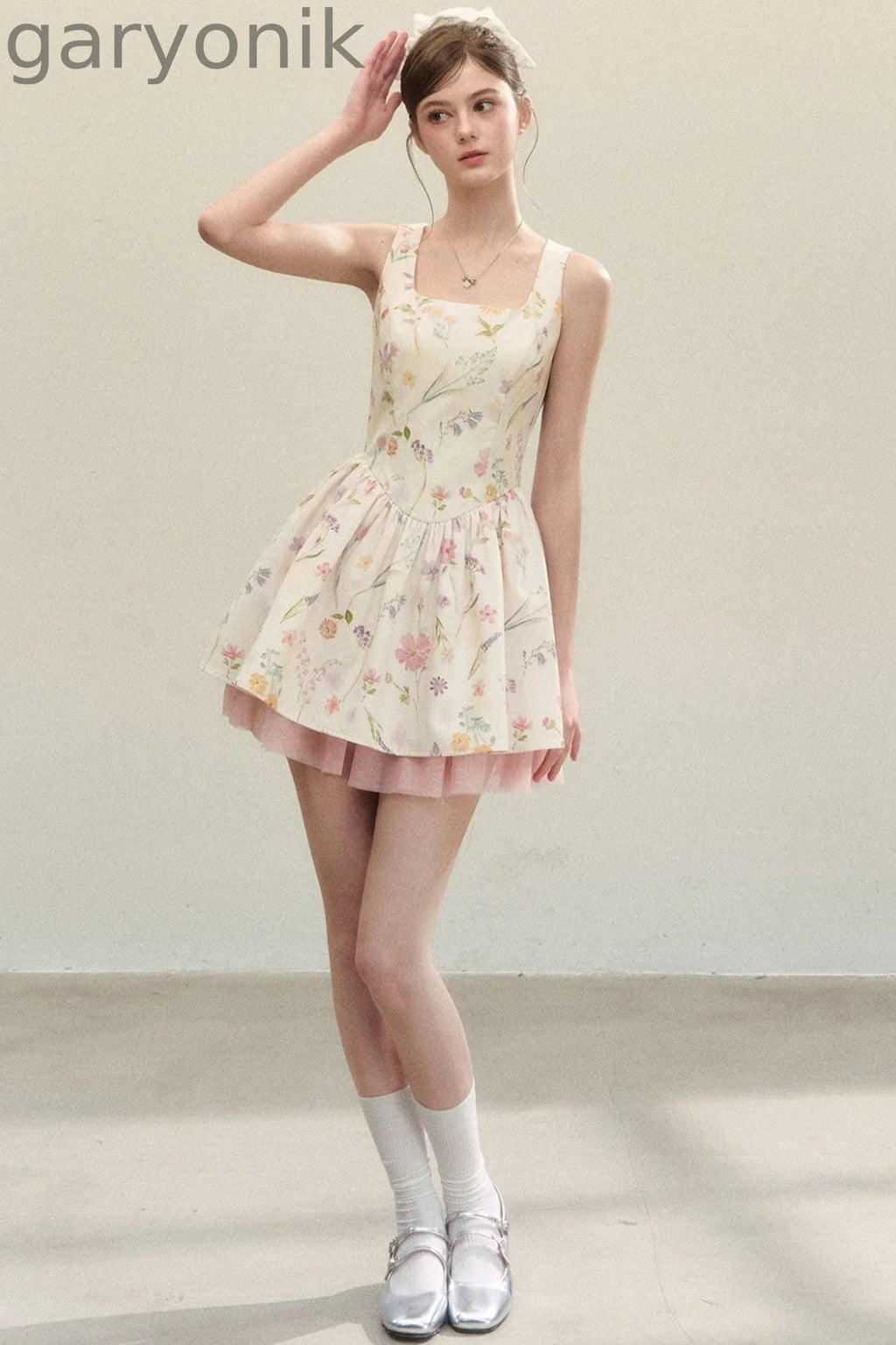 Floral Puffy Suspender Dress