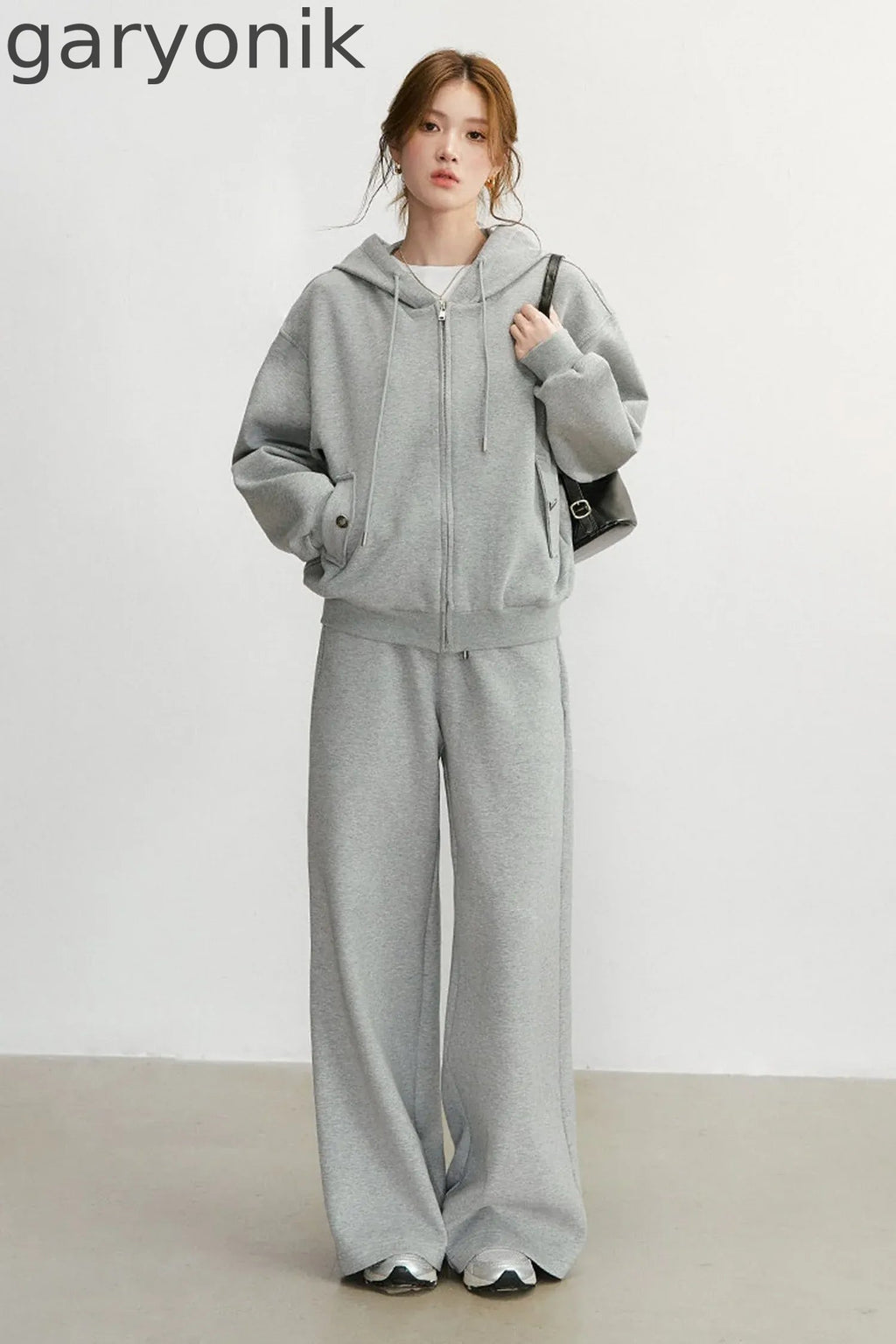 Embroidered Hooded Cardigan Sweatshirt and Wide-Leg Pants Set-Up