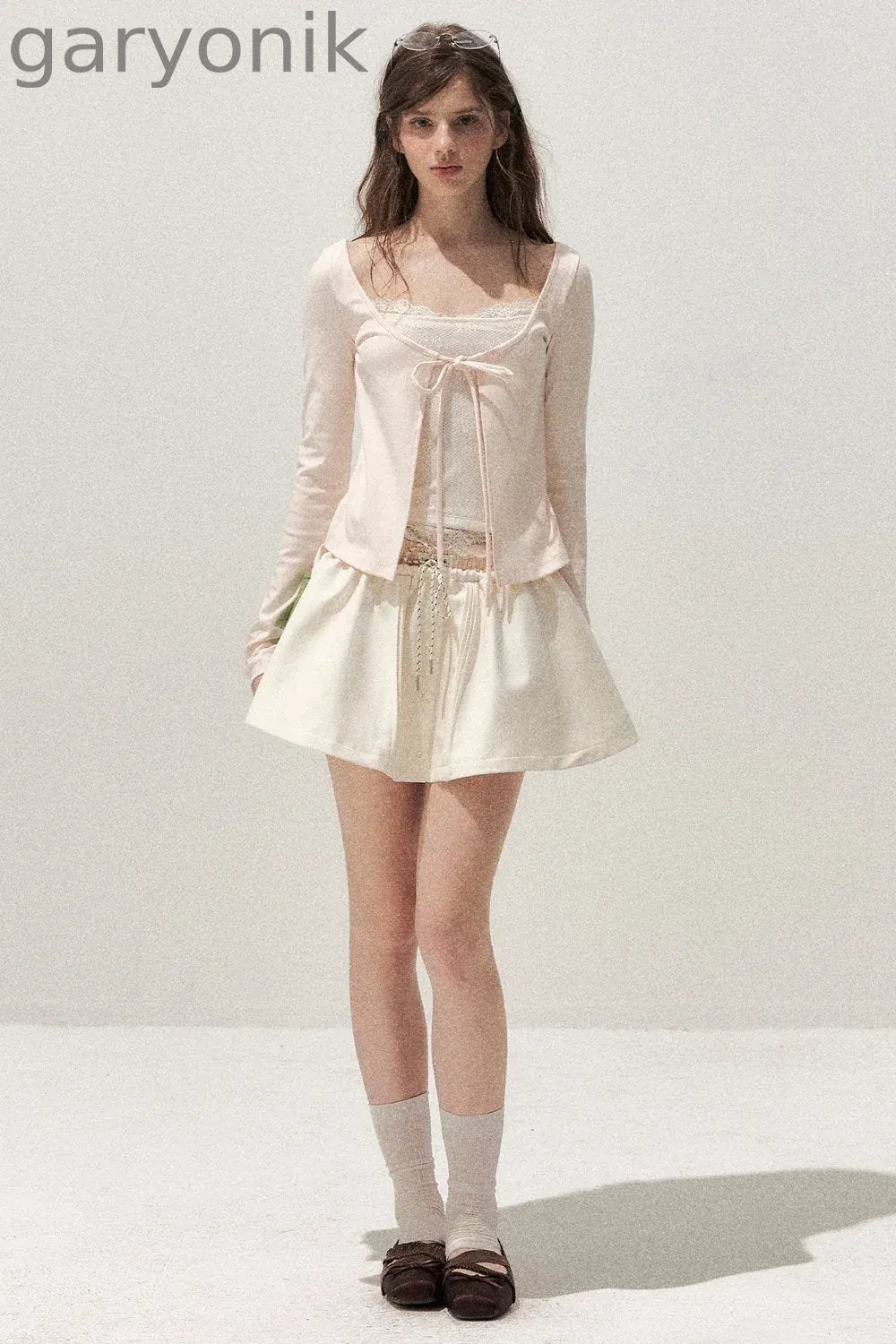 Lace Spliced Tie-Up Long Sleeve Top