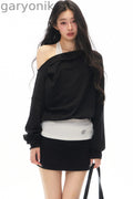 Black Asymmetrical Shoulder Long-Sleeve Top and Skirt Set-Up