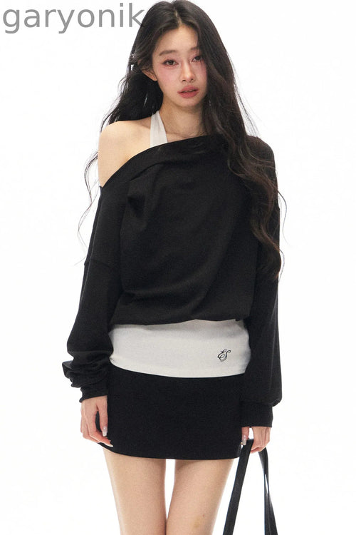 Black Asymmetrical Shoulder Long-Sleeve Top and Skirt Set-Up