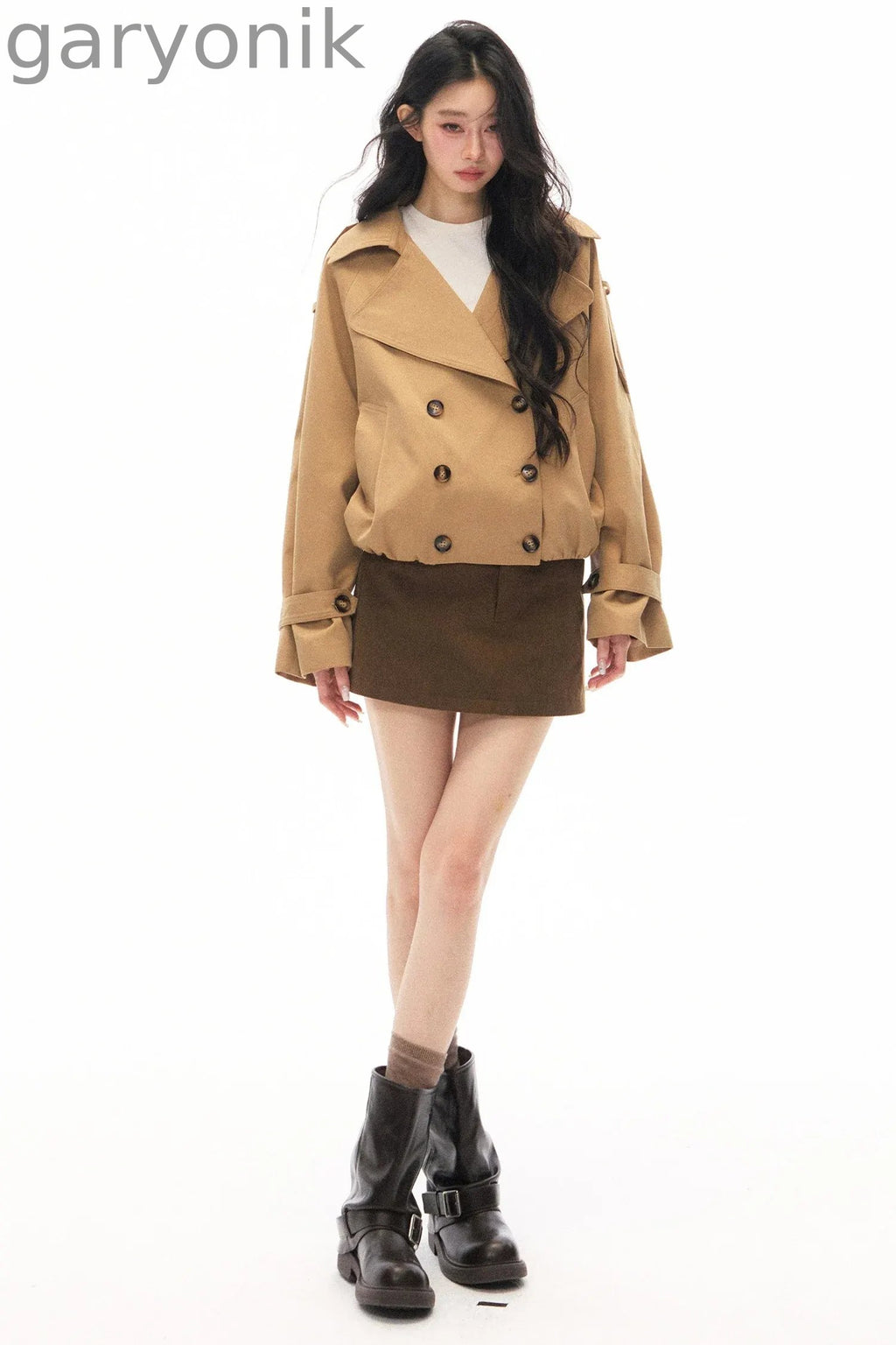 Khaki Double-Breasted Trench Coat and Skirt Set-Up