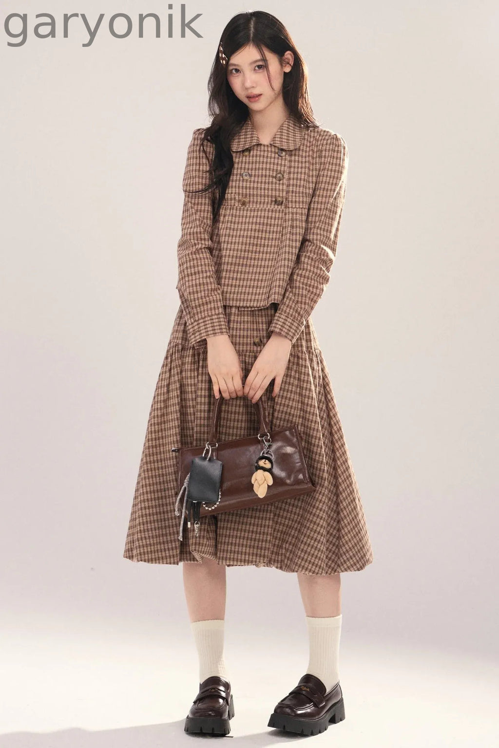 Long-Sleeved Plaid Shirt and Skirt Set-Up