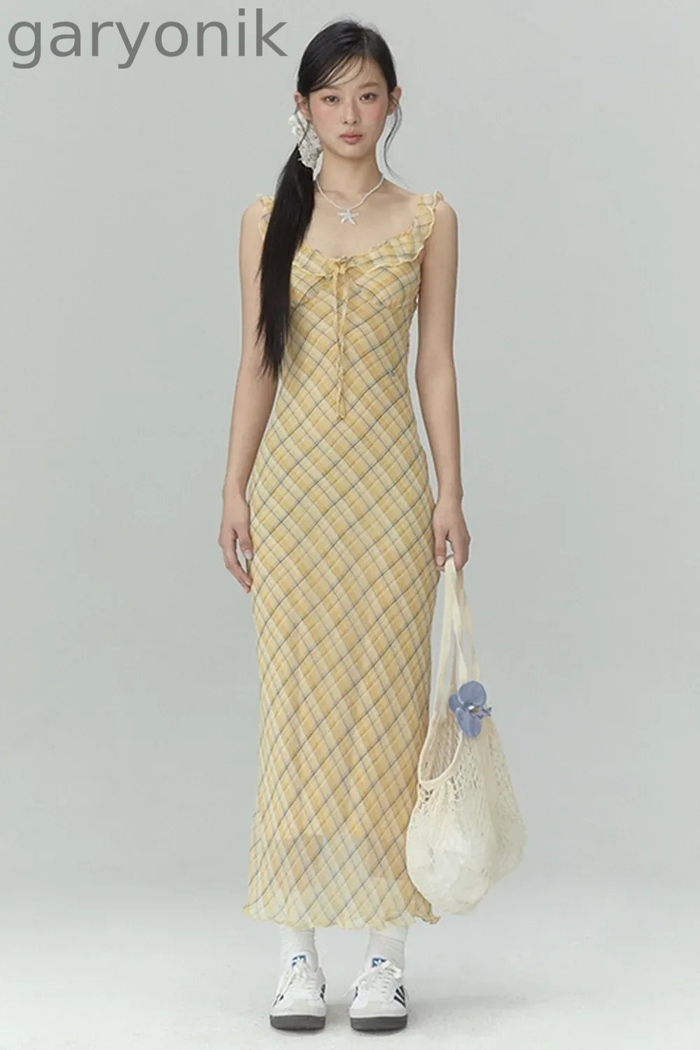 Yellow Plaid Slim Long Dress