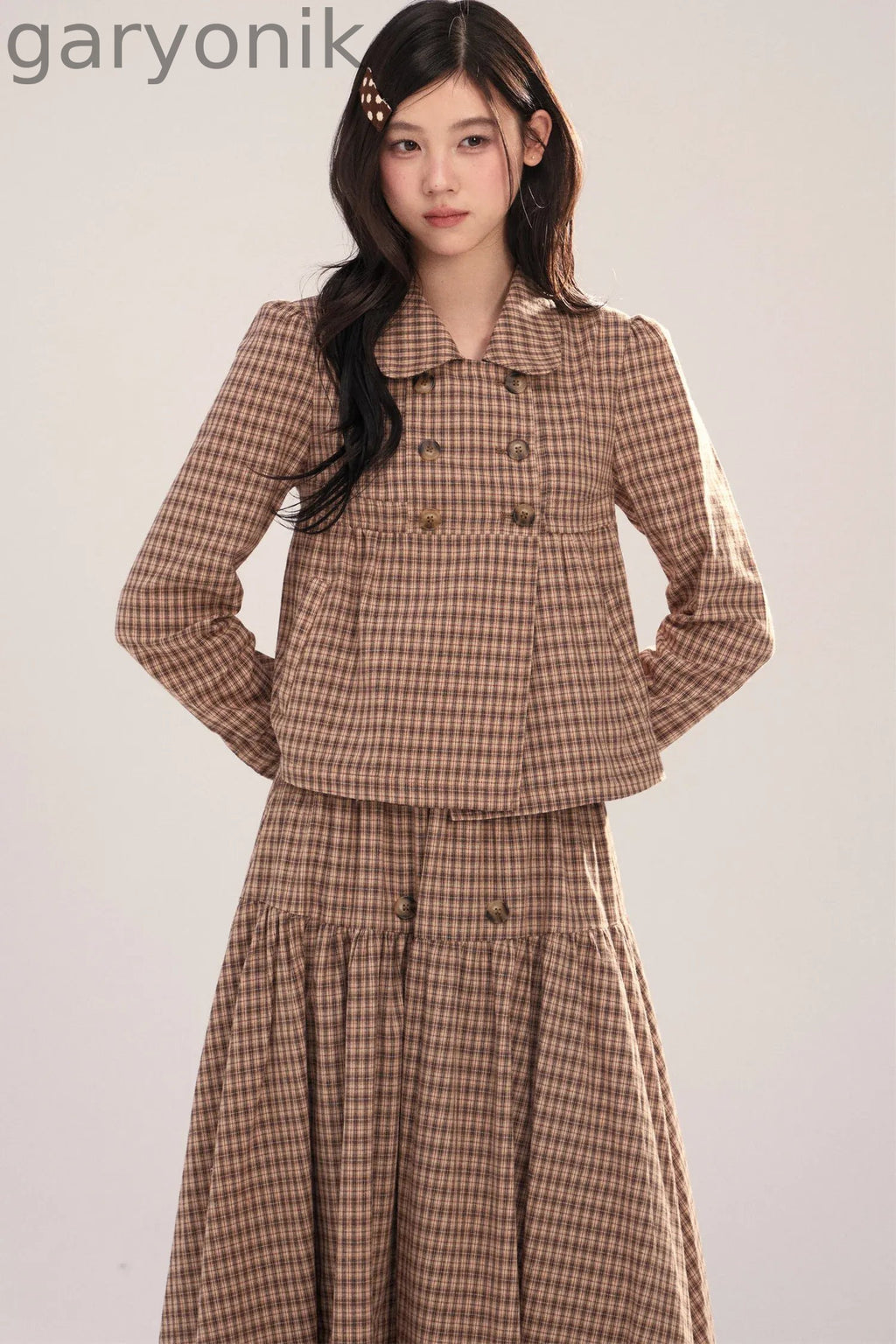 Long-Sleeved Plaid Shirt and Skirt Set-Up