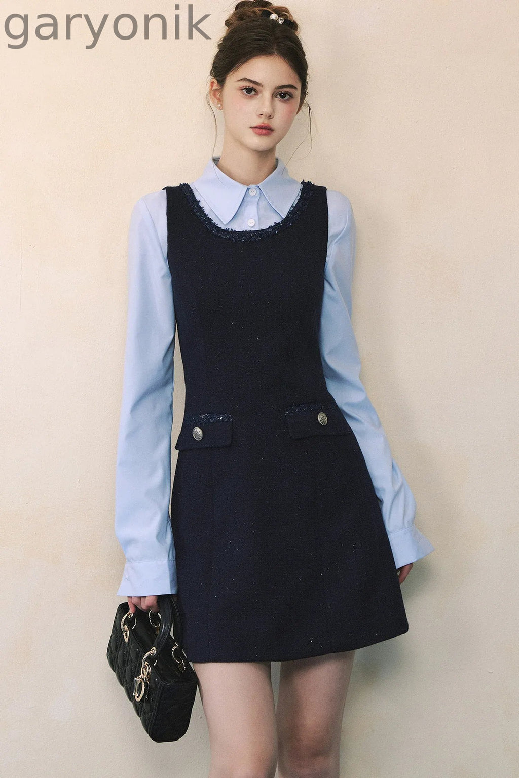 Blue Long-Sleeve Shirt Navy Dress Set-Up