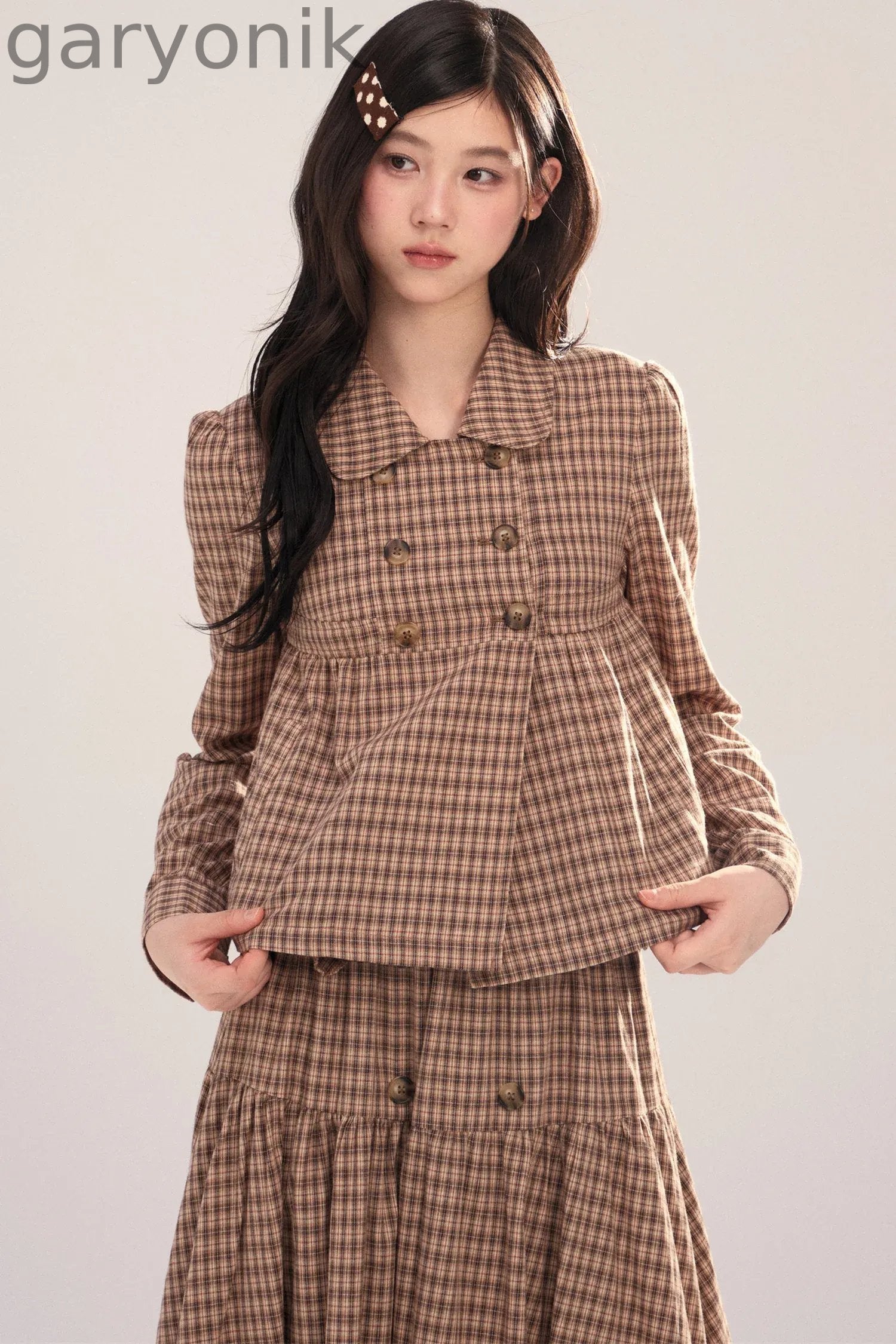 Long-Sleeved Plaid Shirt and Skirt Set-Up