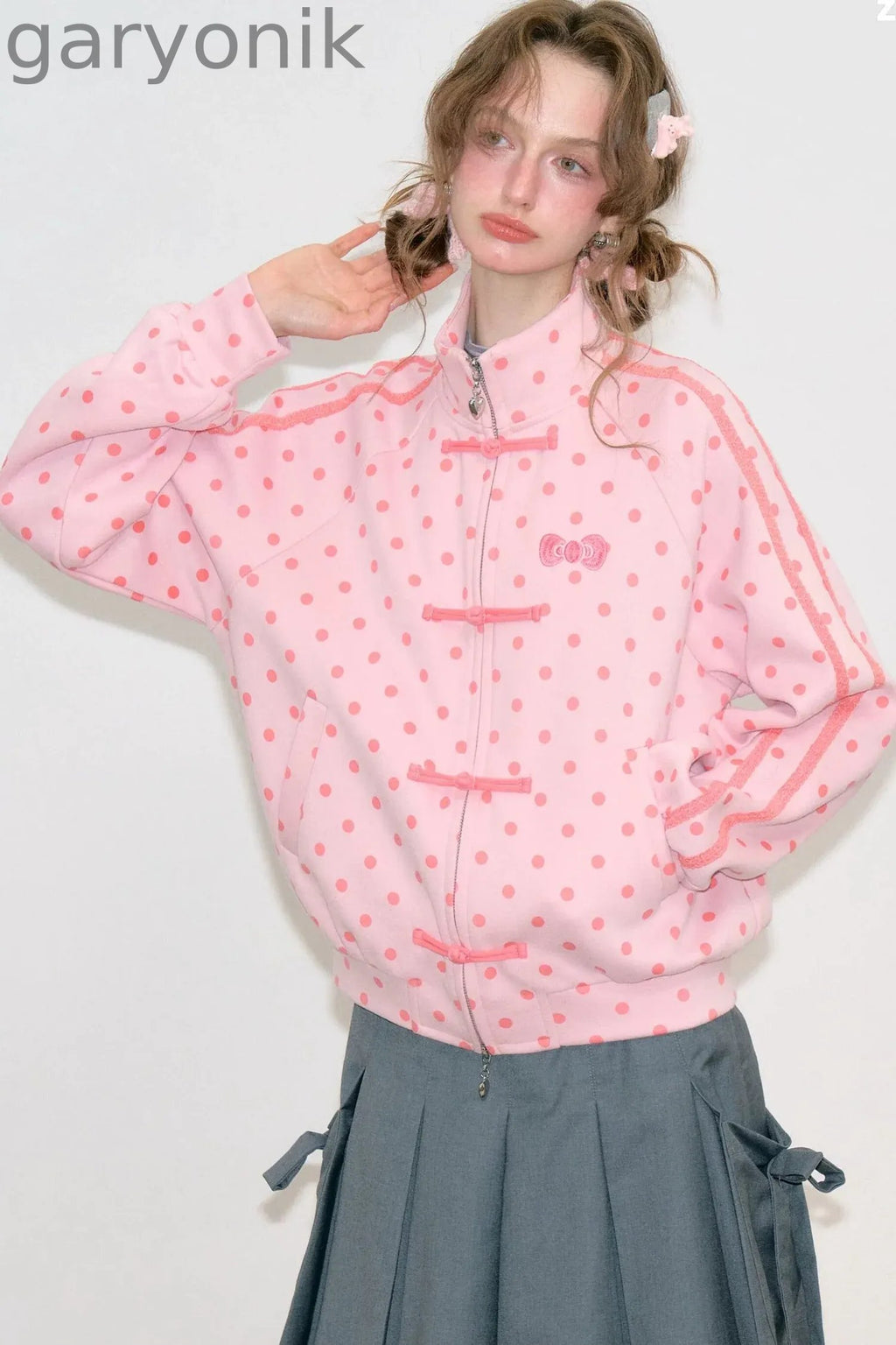 Blue Polka Dot Zipper Hoodie Jacket