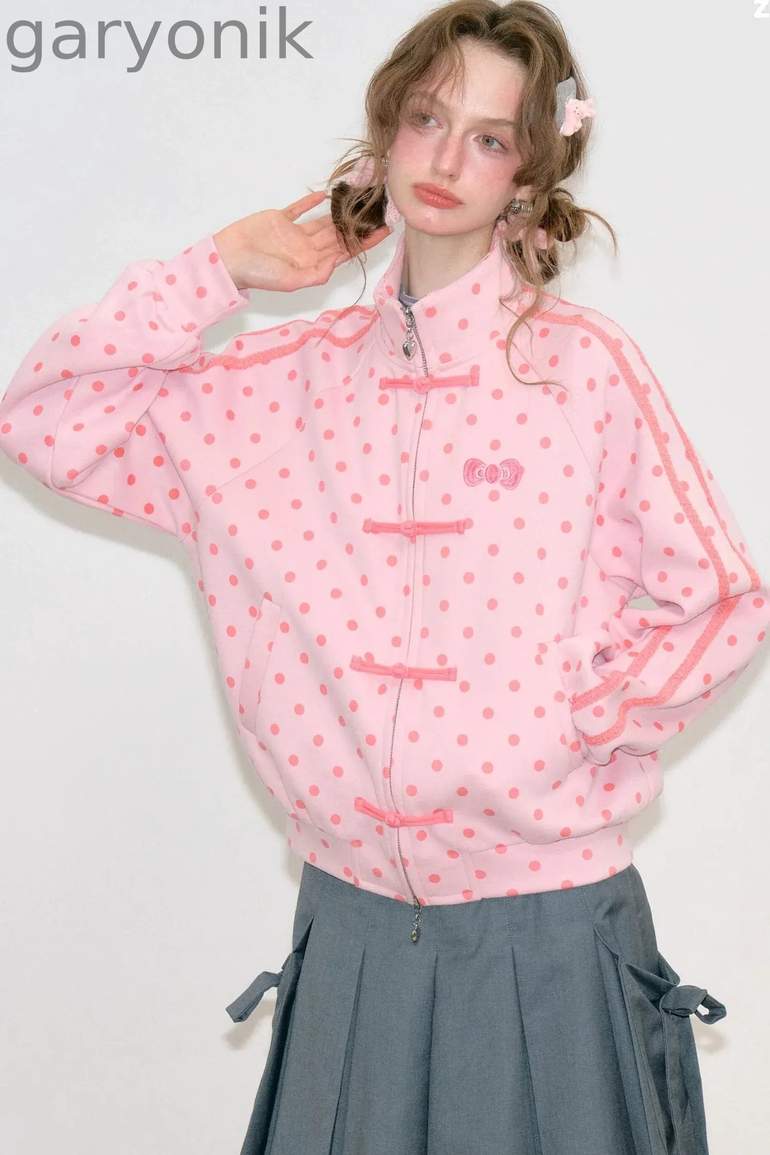 Blue Polka Dot Zipper Hoodie Jacket