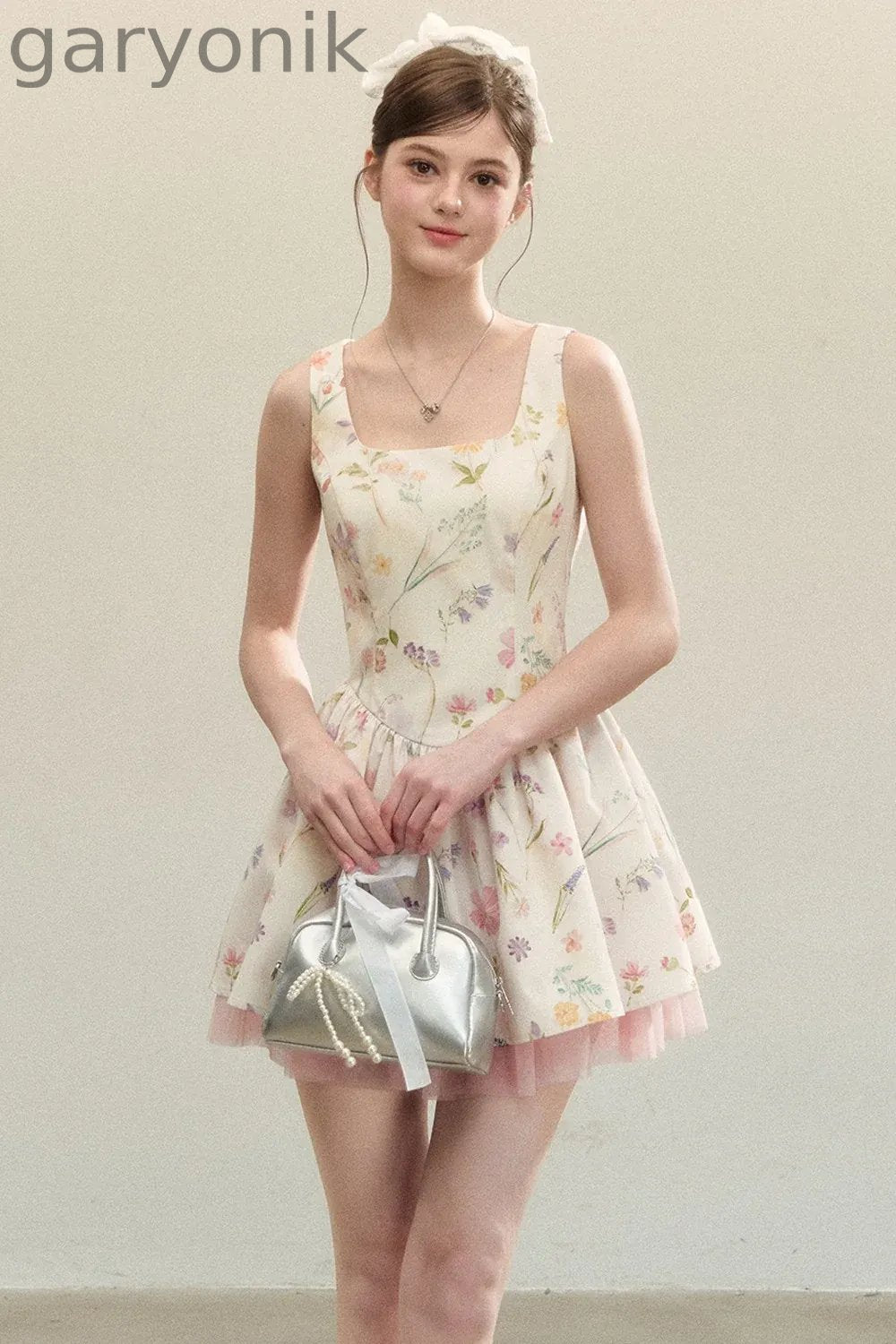 Floral Puffy Suspender Dress
