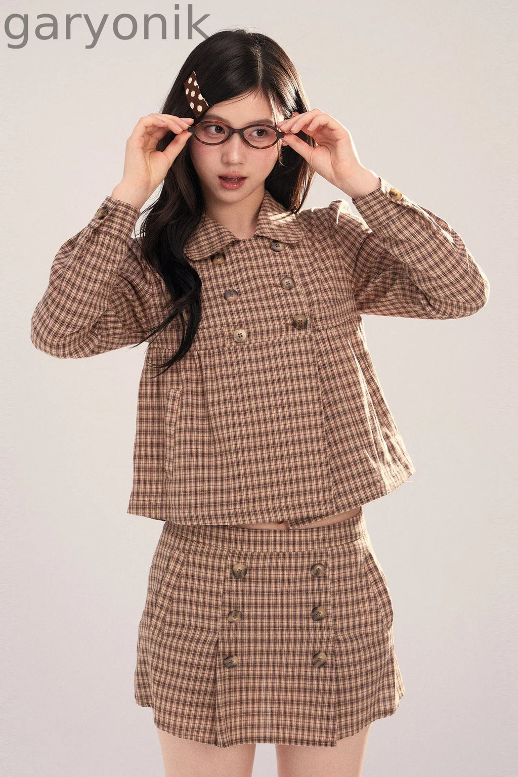 Long-Sleeved Plaid Shirt and Skirt Set-Up