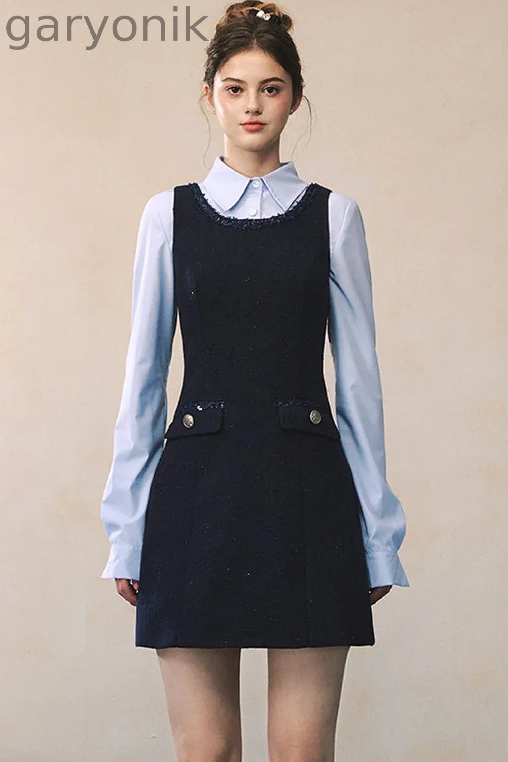 Blue Long-Sleeve Shirt Navy Dress Set-Up