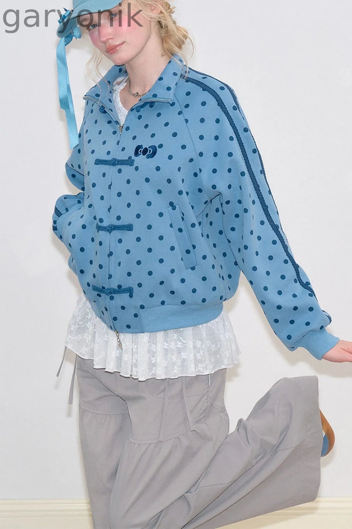 Blue Polka Dot Zipper Hoodie Jacket