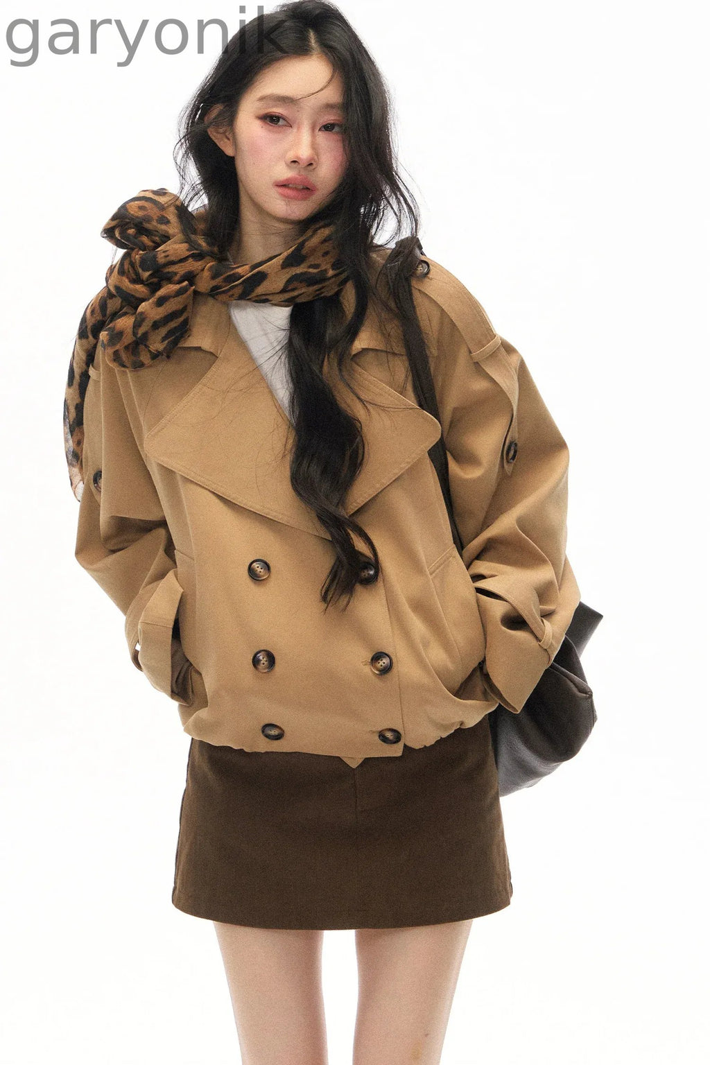 Khaki Double-Breasted Trench Coat and Skirt Set-Up