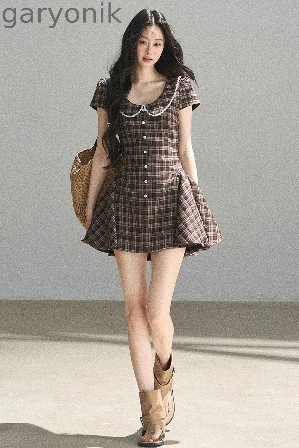 Chestnut Brown Plaid Puffy Dress