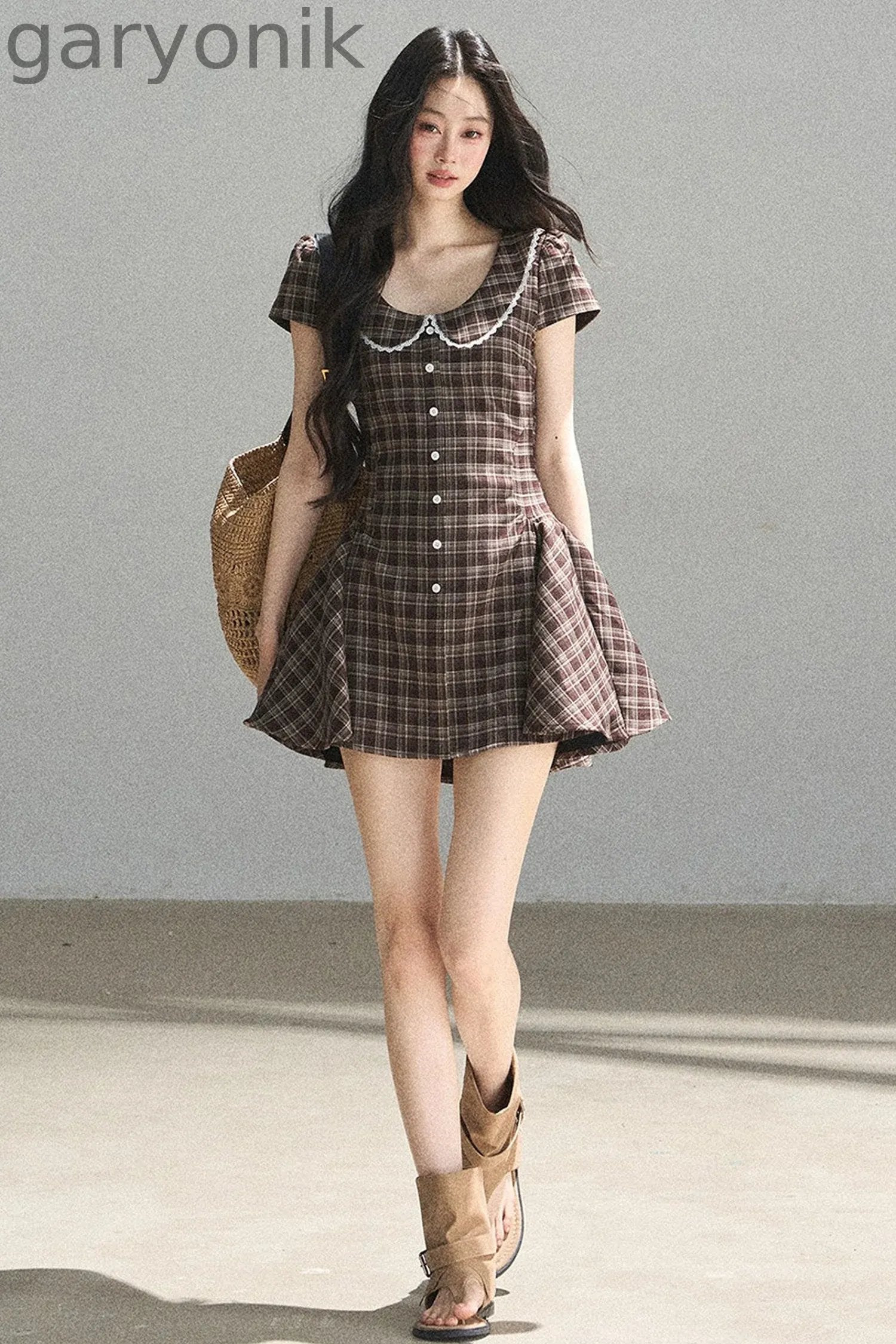 Chestnut Brown Plaid Puffy Dress