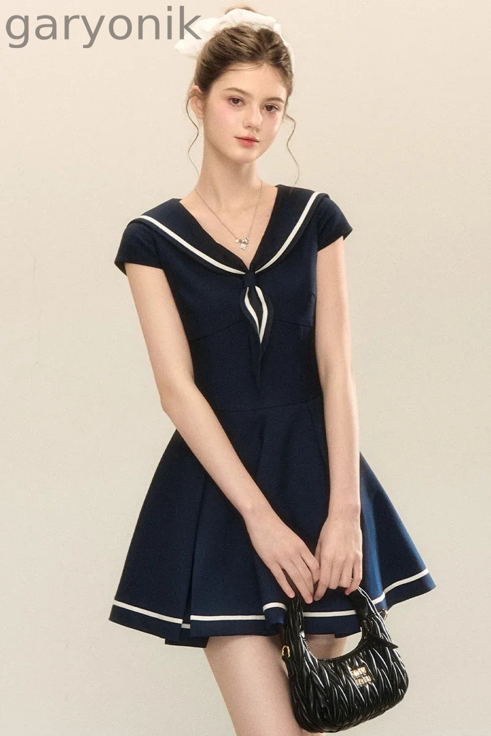 Navy Blue Sailor Collar A-Line Dress