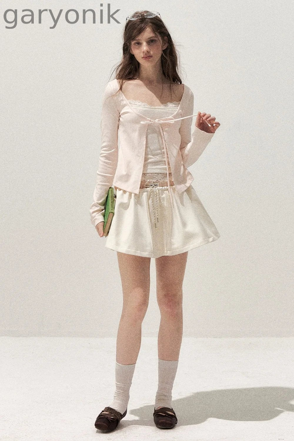 Lace Spliced Tie-Up Long Sleeve Top