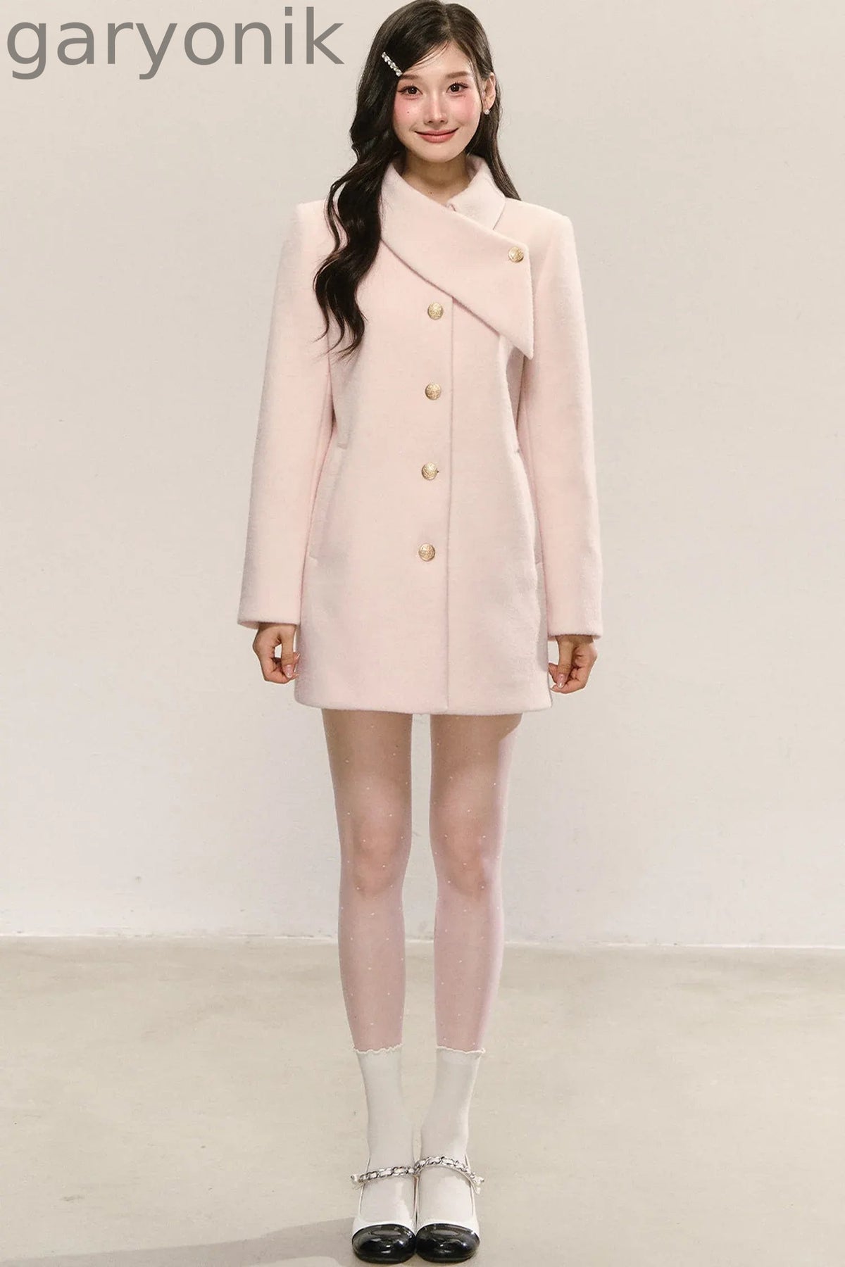 Pink Diagonal Collar Woolen Coat