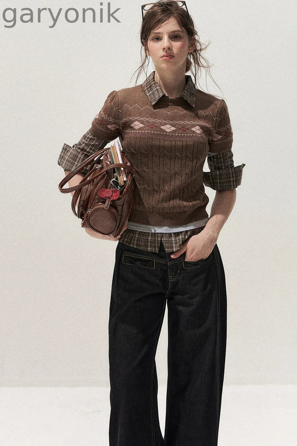 Retro Fair Isle Argyle Short-Sleeve Knit Sweater and Skirt Set-Up