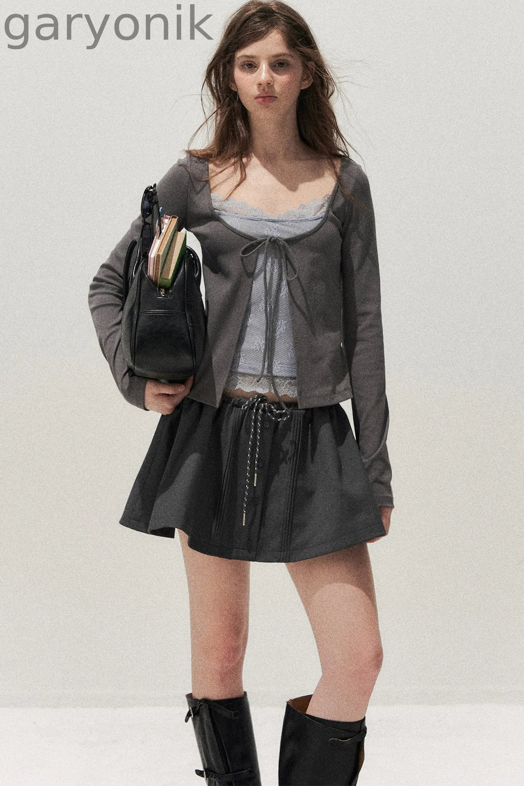Lace Spliced Tie-Up Long Sleeve Top