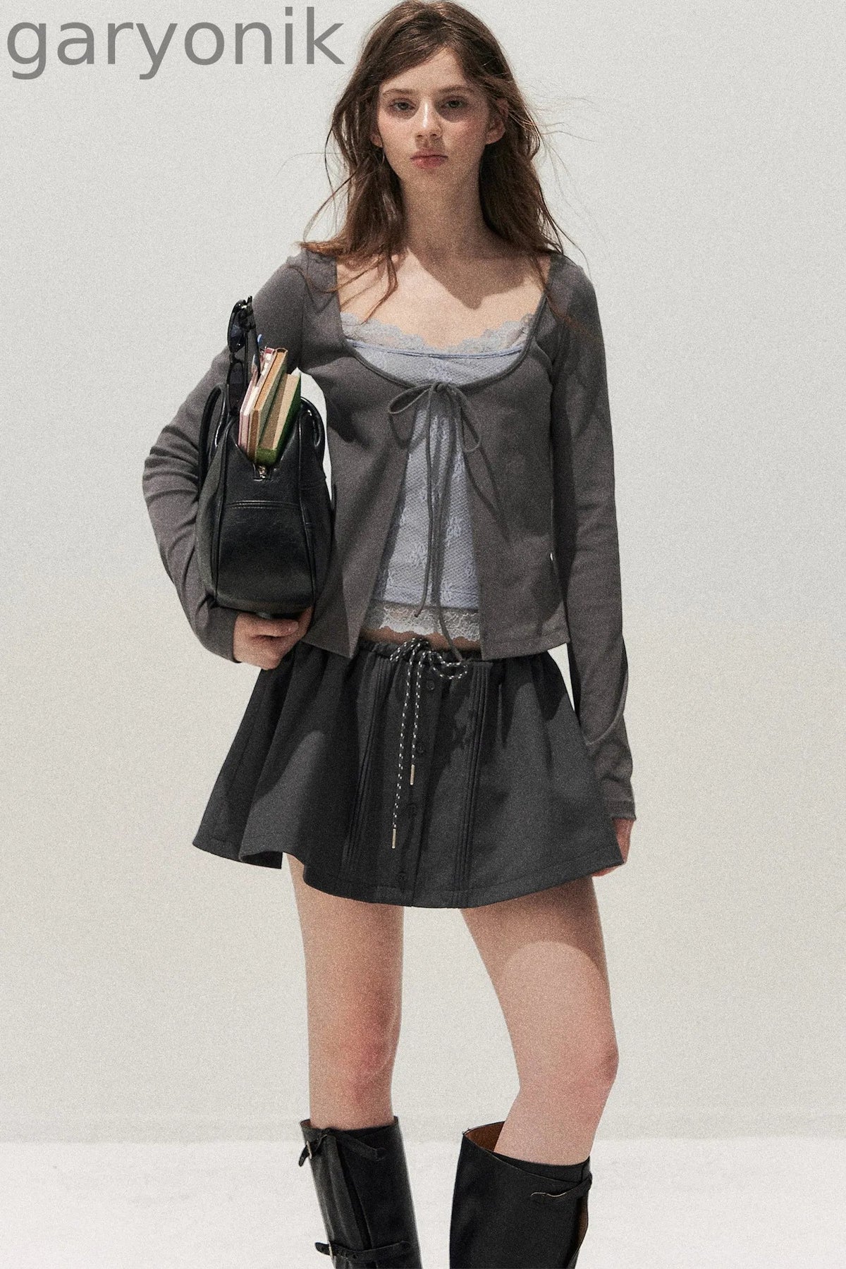 Lace Spliced Tie-Up Long Sleeve Top