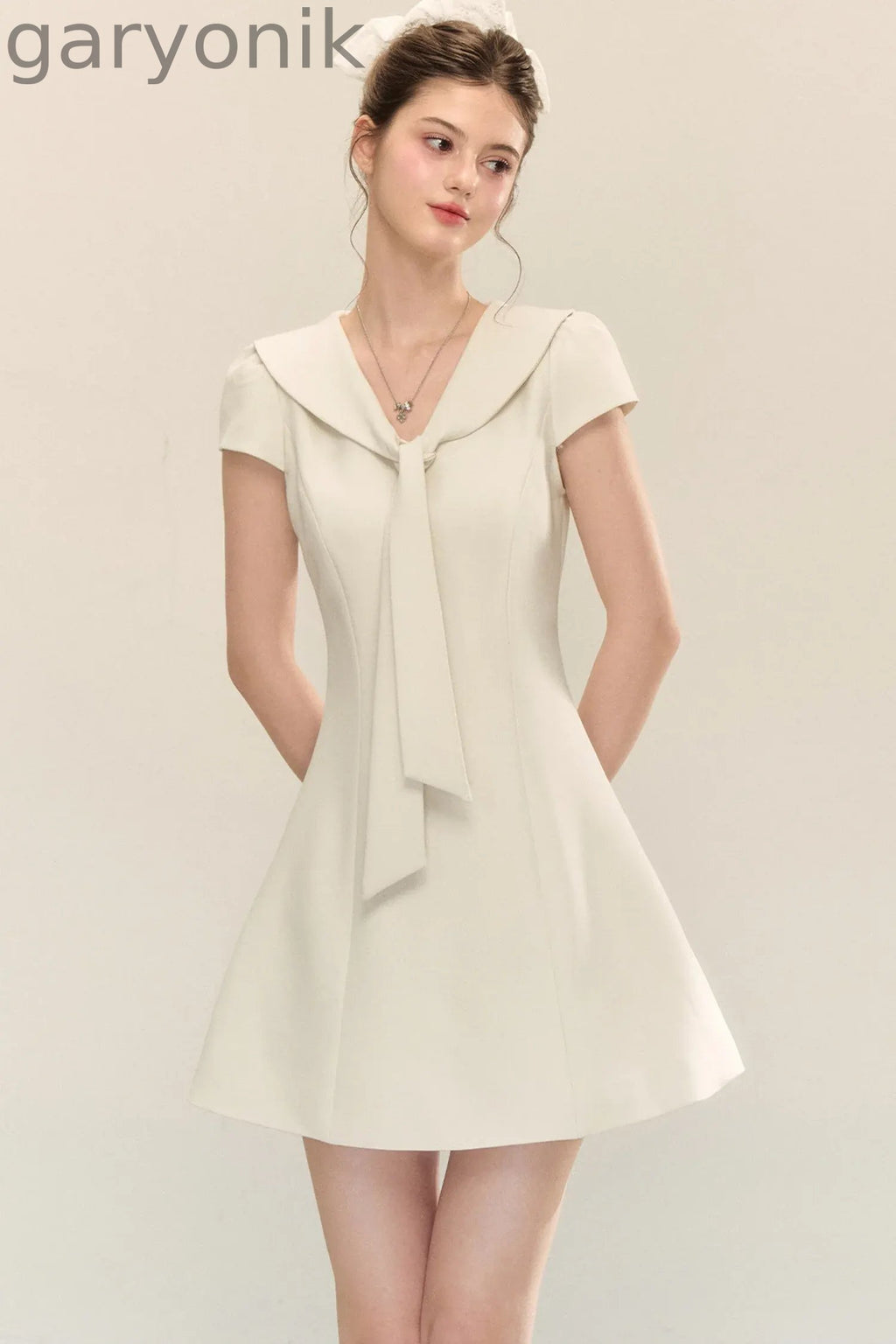 Navy Collar Short Sleeve A-Line Dress