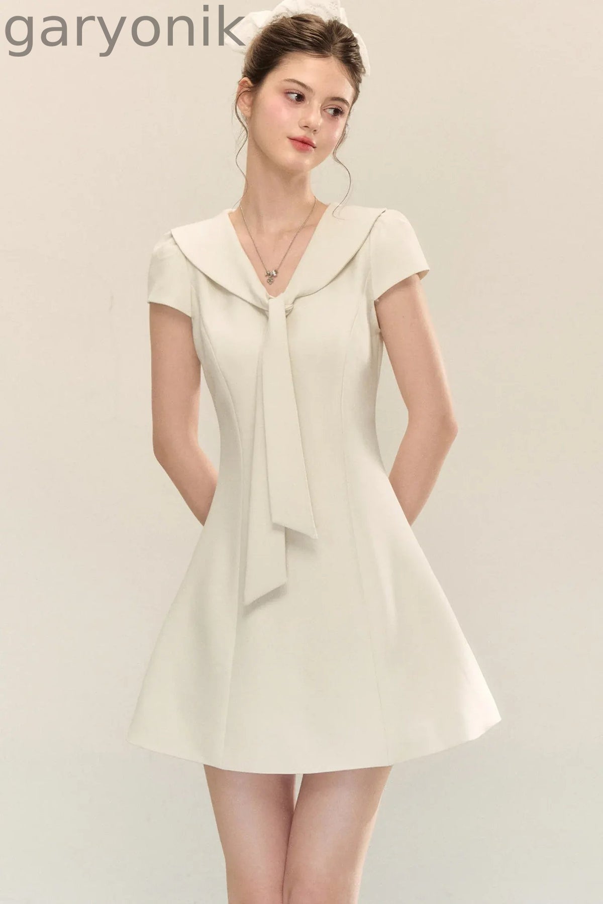 Navy Collar Short Sleeve A-Line Dress