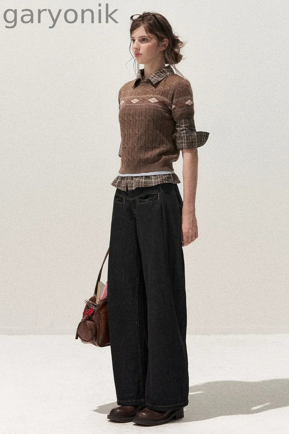 Retro Fair Isle Argyle Short-Sleeve Knit Sweater and Skirt Set-Up