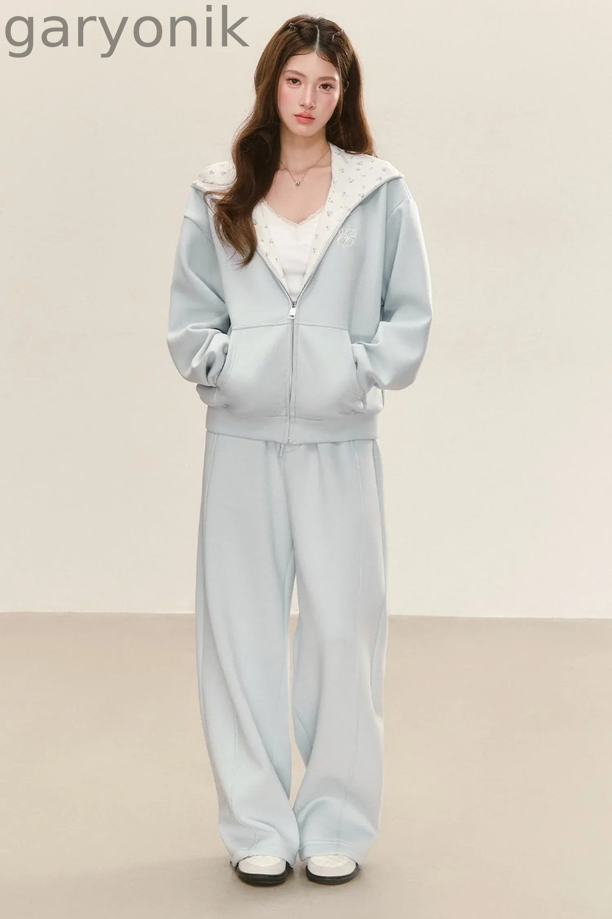 Relaxed Fit Hooded Jacket Wide-Leg Sweatpants Set-Up