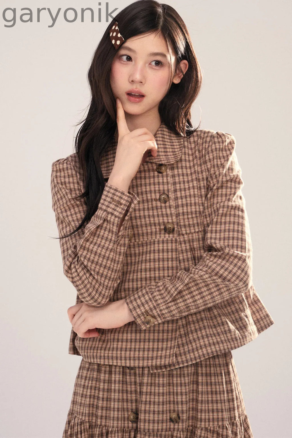 Long-Sleeved Plaid Shirt and Skirt Set-Up