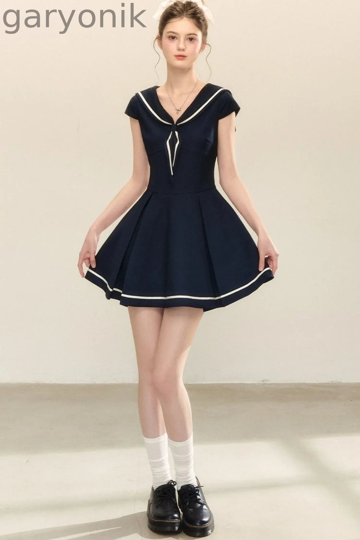 Navy Blue Sailor Collar A-Line Dress