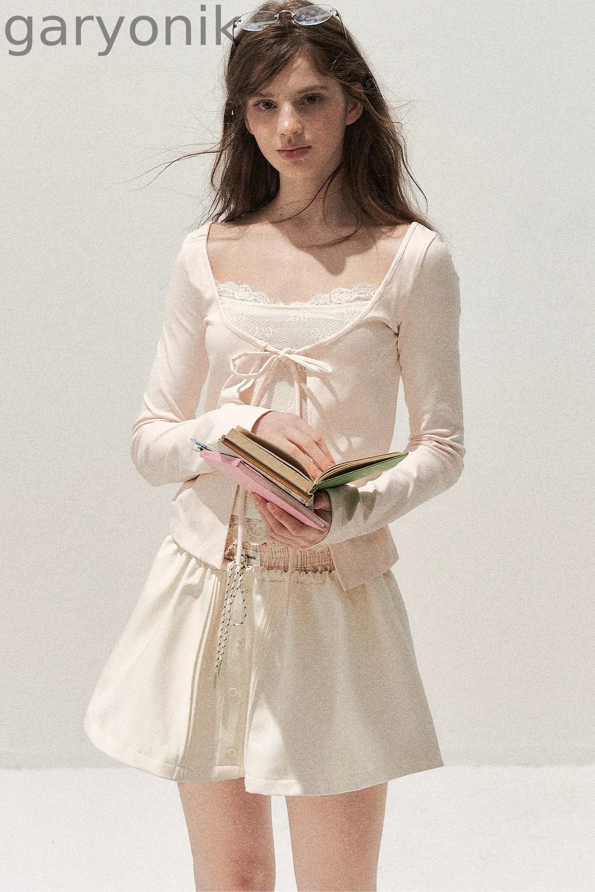 Lace Spliced Tie-Up Long Sleeve Top