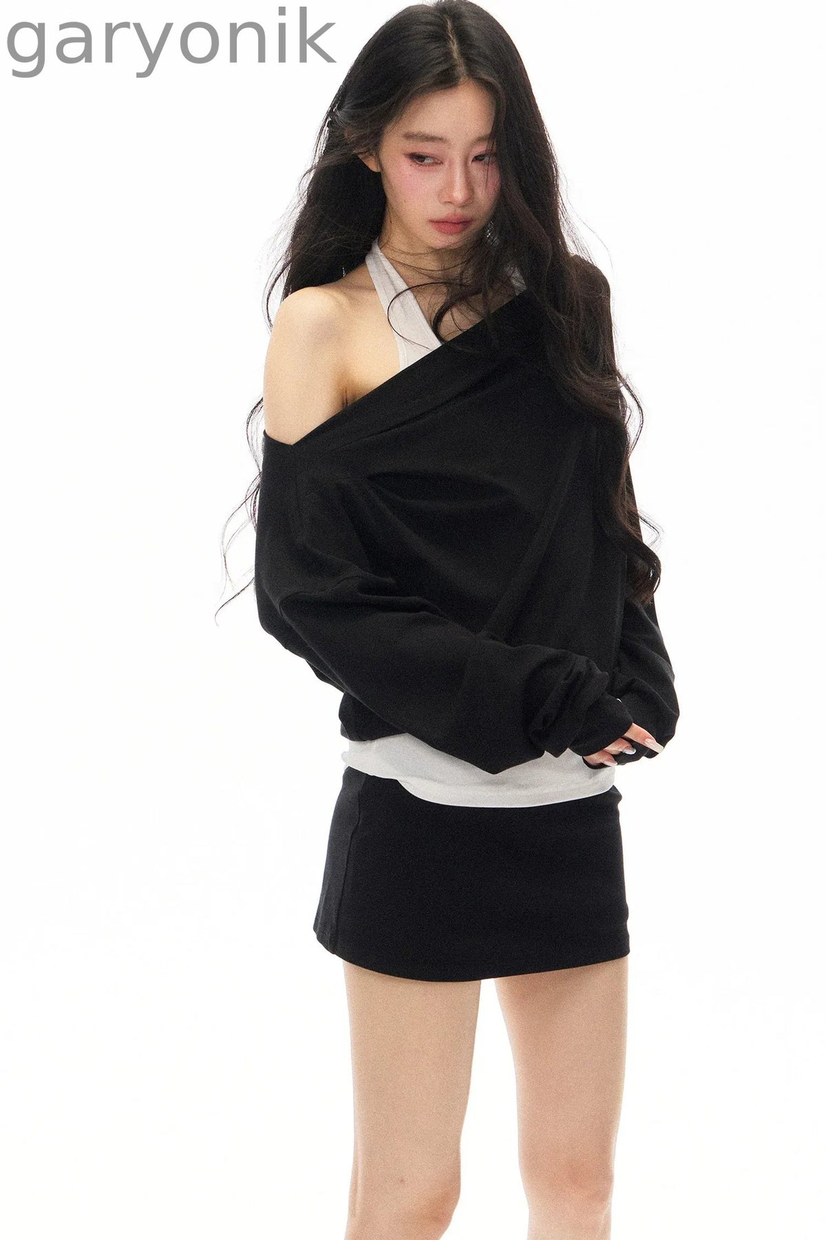 Black Asymmetrical Shoulder Long-Sleeve Top and Skirt Set-Up