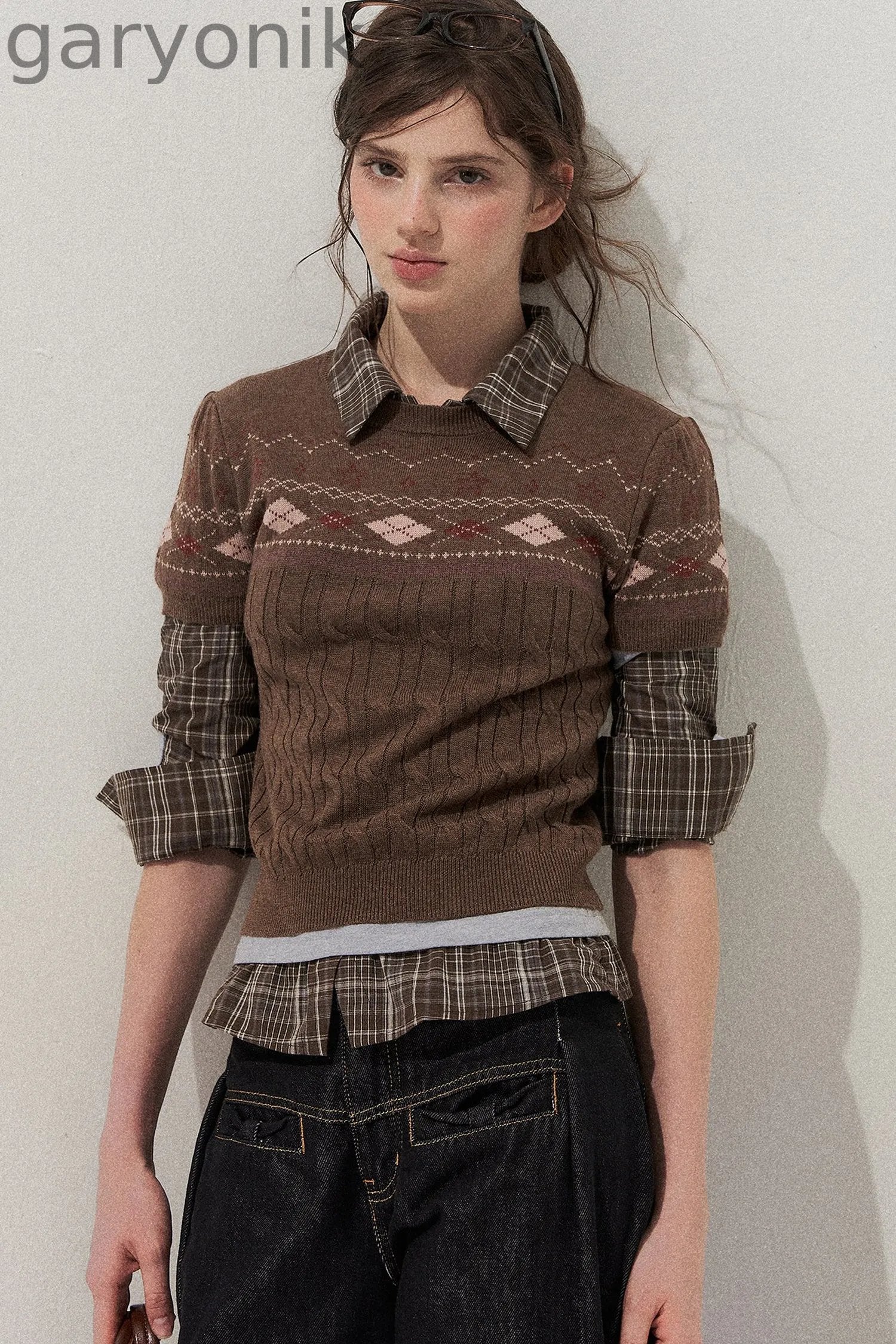 Retro Fair Isle Argyle Short-Sleeve Knit Sweater and Skirt Set-Up