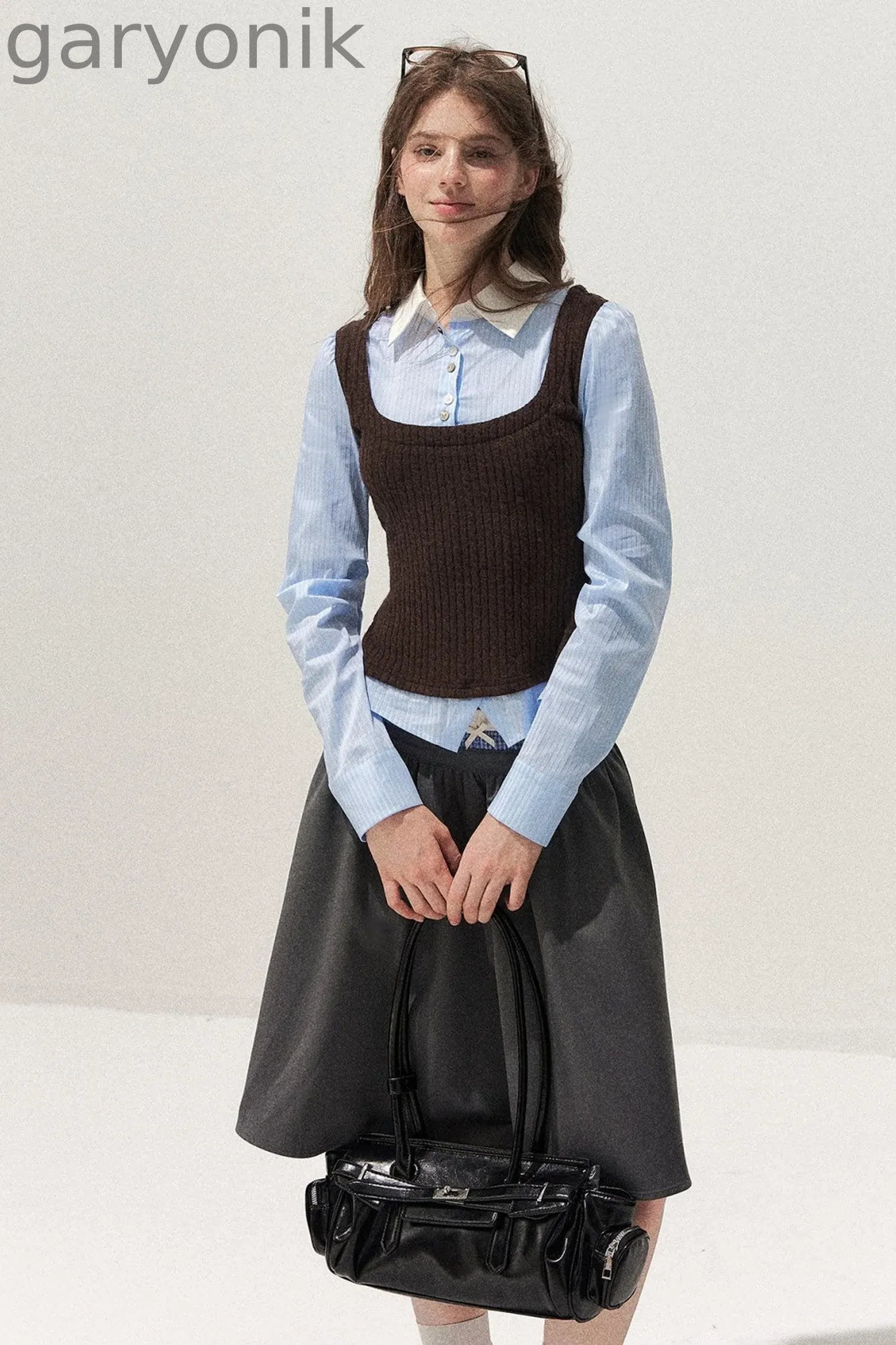 Spliced Twist-Knit Vest with Shirt Set