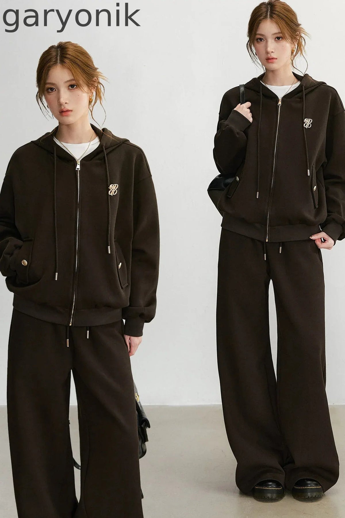 Embroidered Hooded Cardigan Sweatshirt and Wide-Leg Pants Set-Up