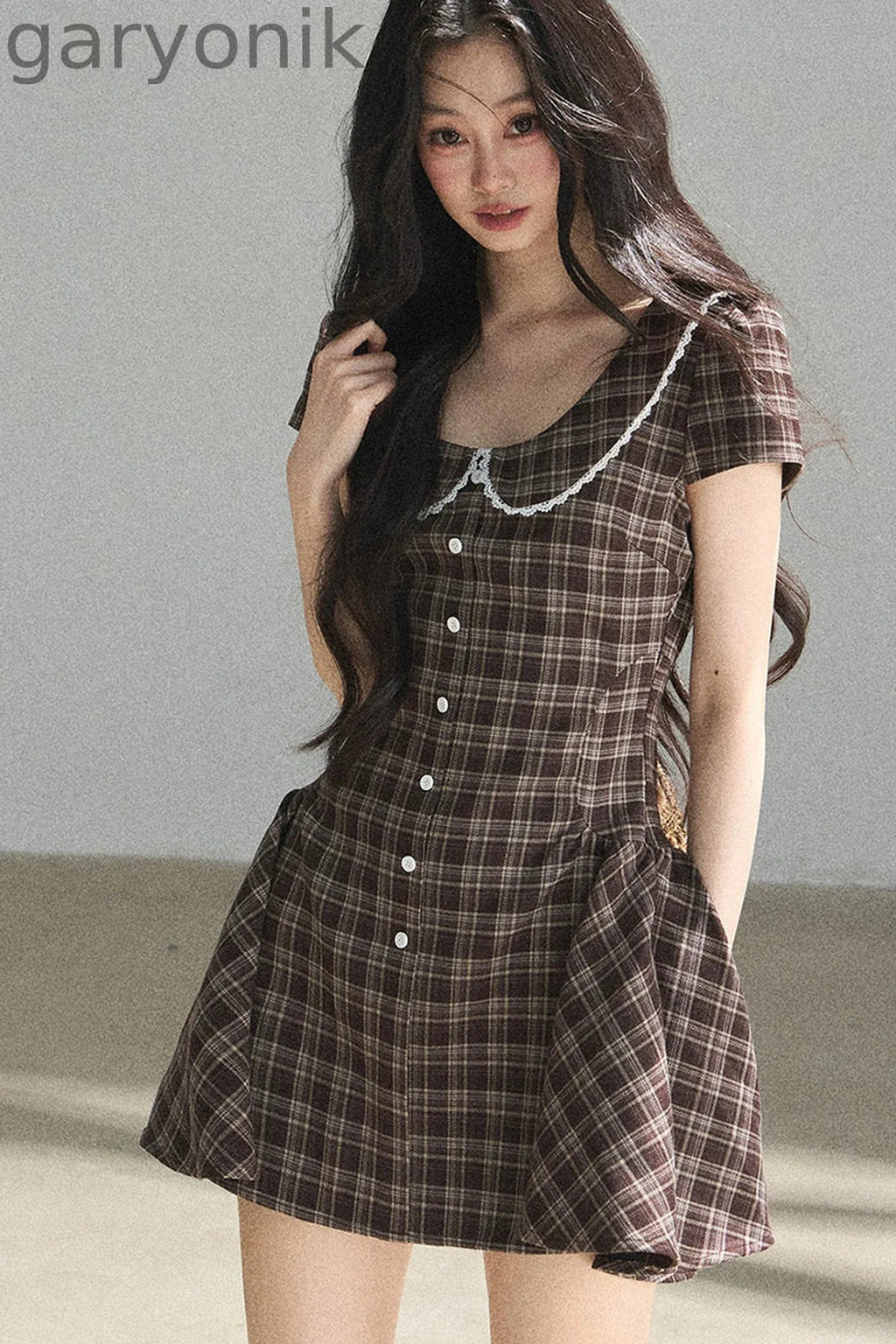Chestnut Brown Plaid Puffy Dress