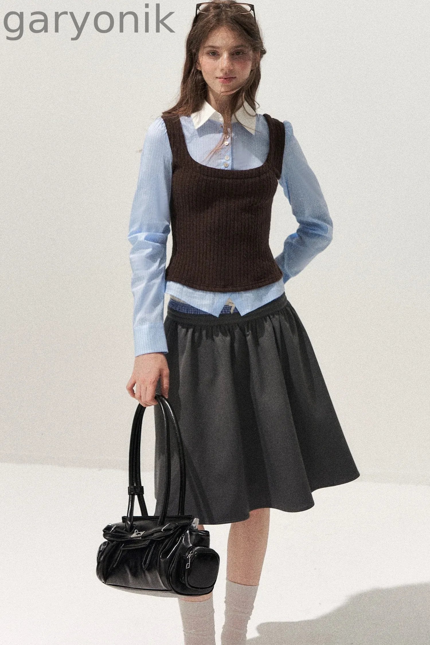 Spliced Twist-Knit Vest with Shirt Set