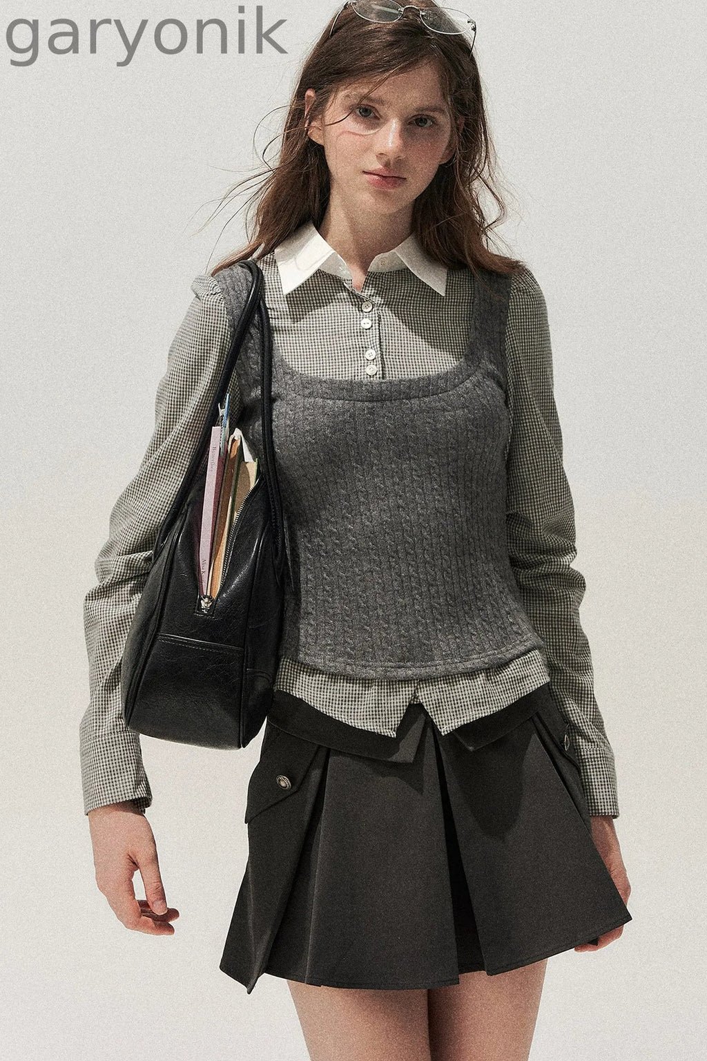 Double Waistband Gray Pleated Skirt