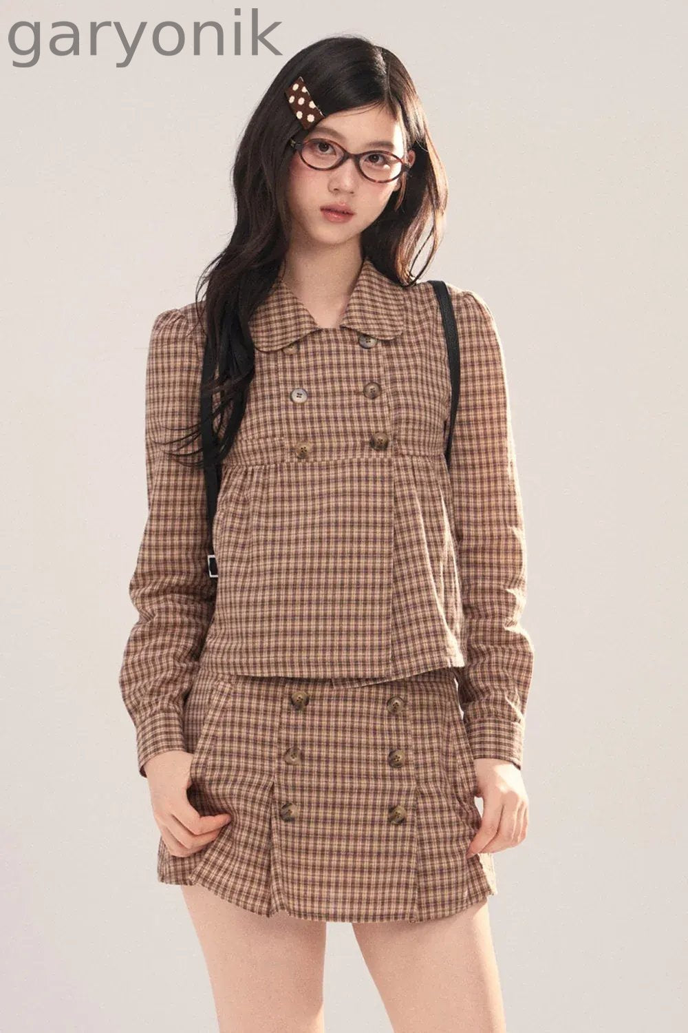 Long-Sleeved Plaid Shirt and Skirt Set-Up