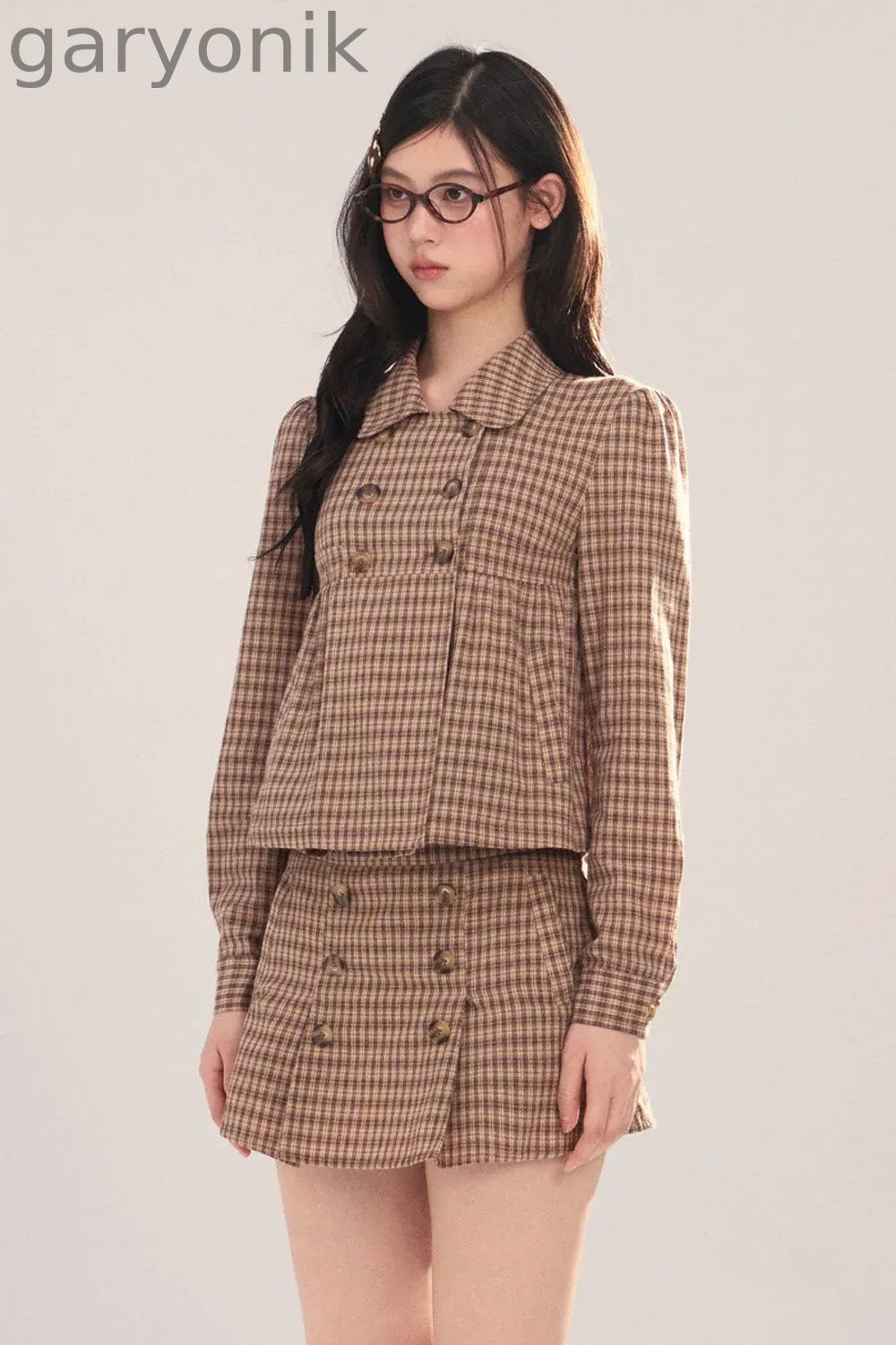 Long-Sleeved Plaid Shirt and Skirt Set-Up