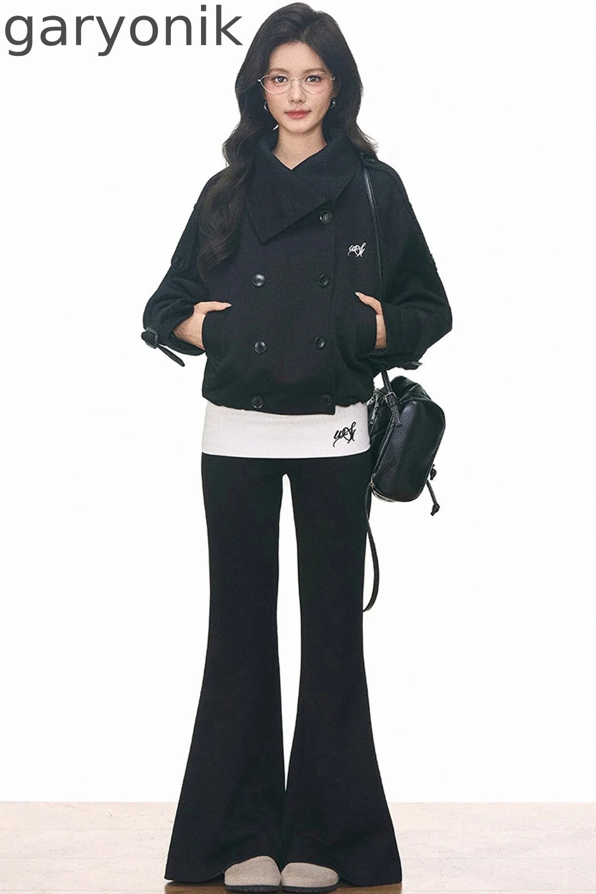 Double-Breasted Knitted Short Trench Coat and Pants Set-Up